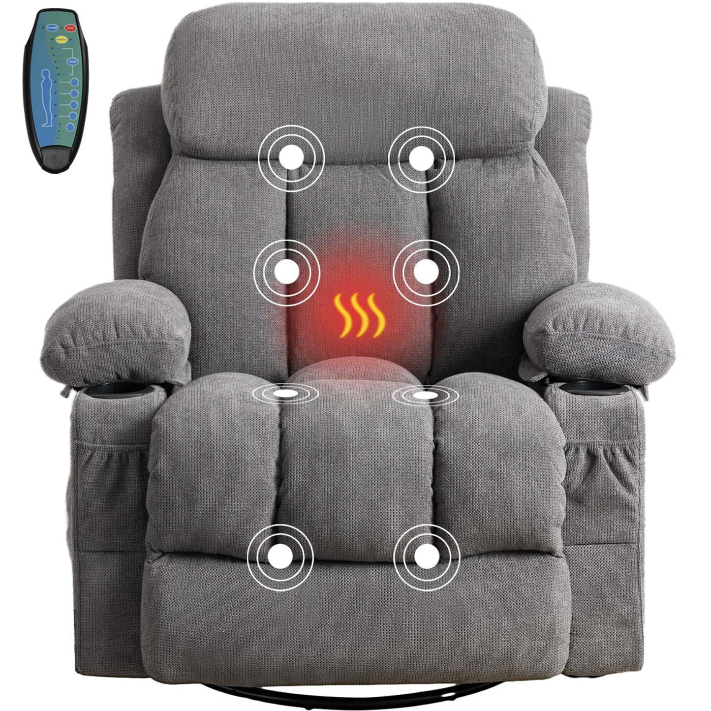 SYNGAR Manual Recliner Chair with Heat and Massage Function, USB and Cup Holders, Elderly Single Velvet Recliner Rocker Sofa Swivel Glider Chair for Nursery Living Room Home Theater Office, Gray