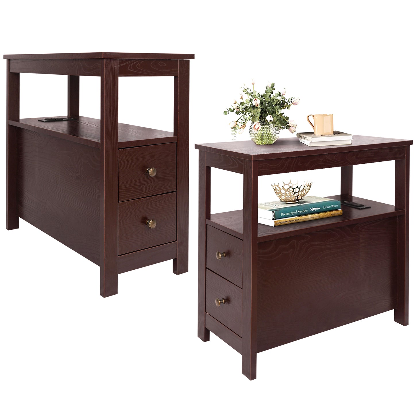 Side Table for Living Room, Nightstand Set of 2, Modern Side Cabinet with 2 Drawers, Open Shelf, Power Outlets and USB Ports, Wood End Table with Storage, Bedside Table for Bedroom, Espresso, D4683