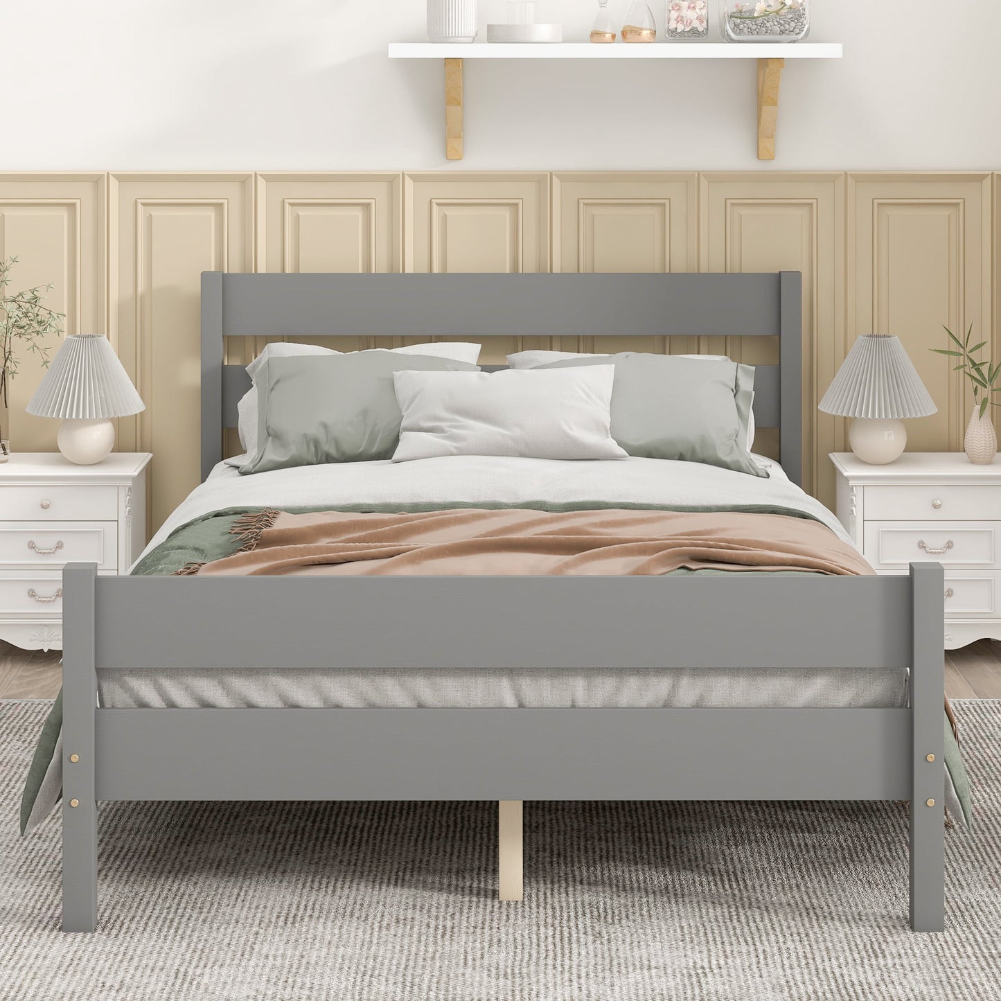Wood Full Platform Bed Frame with Headboard and Footboard for Kids Boys Girls Teens Adults, Gray, LJ798