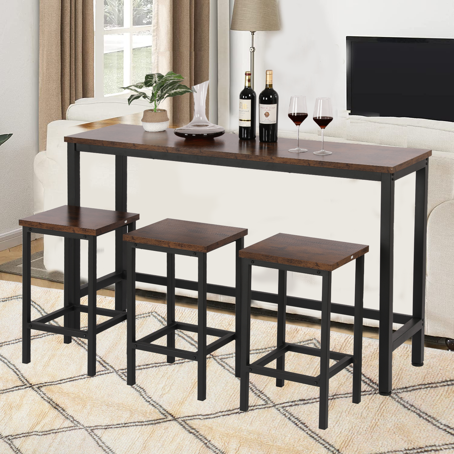 SYNGAR Counter Height Bar Table Set, Modern 4 Pieces Dining Table Set, Long Pub Table and 3 Stools, 3-Person Dining Table and Stools Set, Kitchen Side Table Set for Breakfast, Brown, D6413