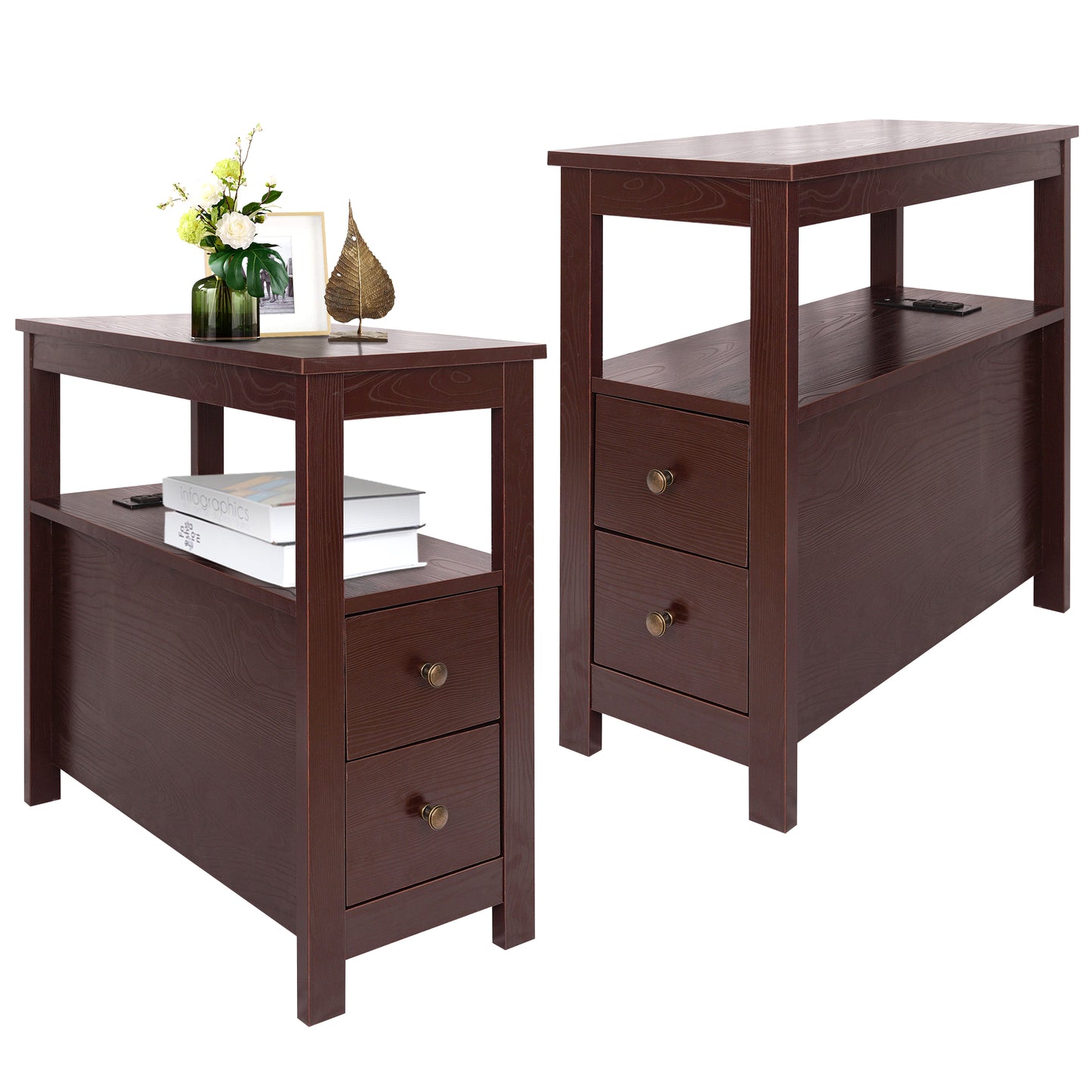 SYNGAR Side Table for Living Room, Nightstand Set of 2, Modern Side Cabinet W/ 2 Drawers, Open Shelf, Power Outlets & USB Ports, Wood End Table with Storage, Bedside Table for Bedroom, Espresso, D4684