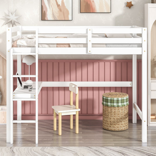 Twin Loft Bed Frame, Solid Pine Wood Twin Loft Bunk Bed Frame with Ladder for Boys Girls Teens Adults, No Box Spring Needed, White