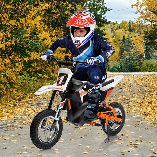 CASEMIOL 24V Ride-on Powered Dirt Bike, 14 mph,Electric Motorcycle with Continuously Variable Speed System,Rear Wheel Suspension, Rear Wheel Disc Brake, leather seat, for Teens 13-15,White