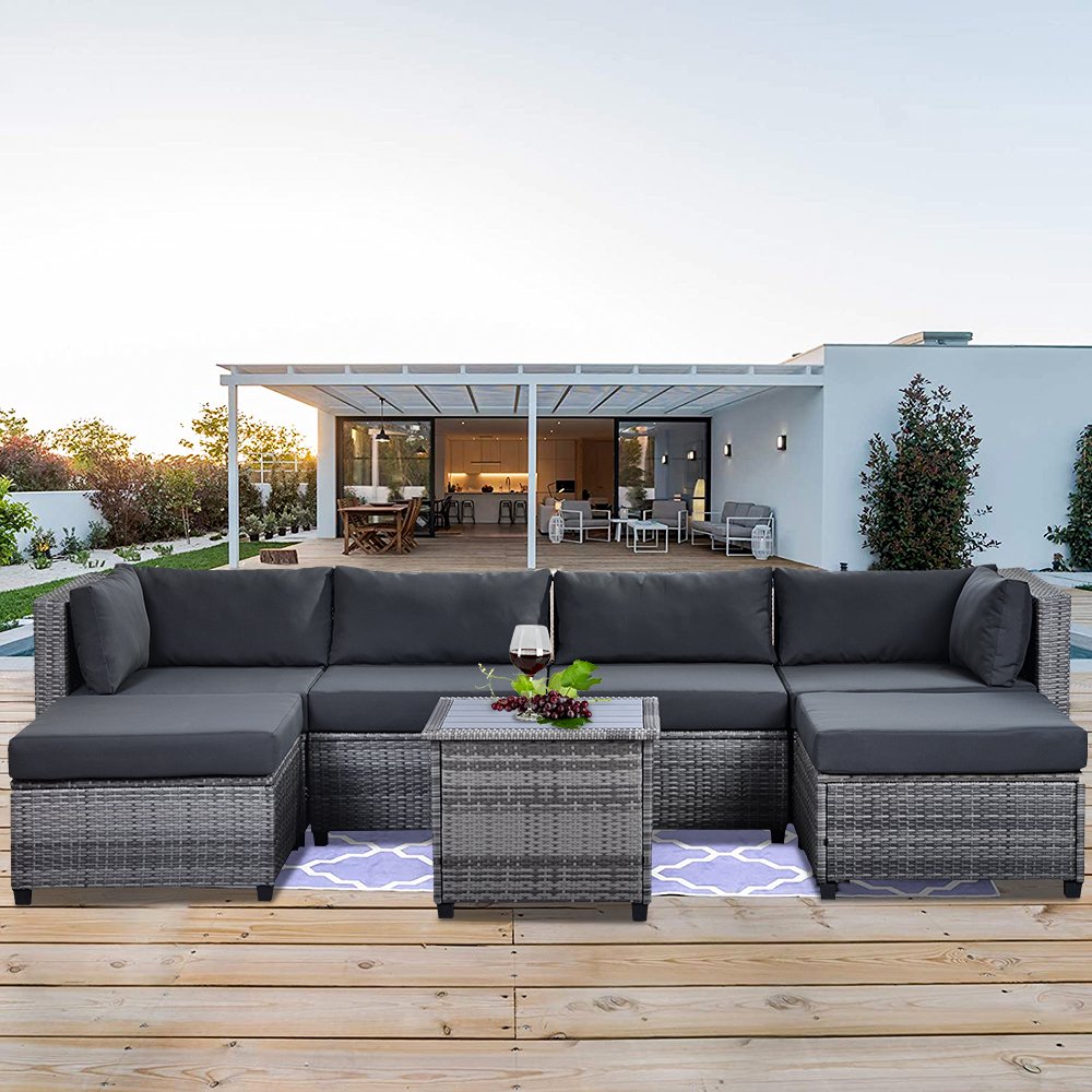 Patio Conversation Set, 7 Piece PE Wicker Furniture Chair Set with Table, Ottoman & Cushions, All-Weather Outdoor Cushioned Sectional Sofa Chairs, Rattan Sofa Set for Patio Deck Backyard, B724