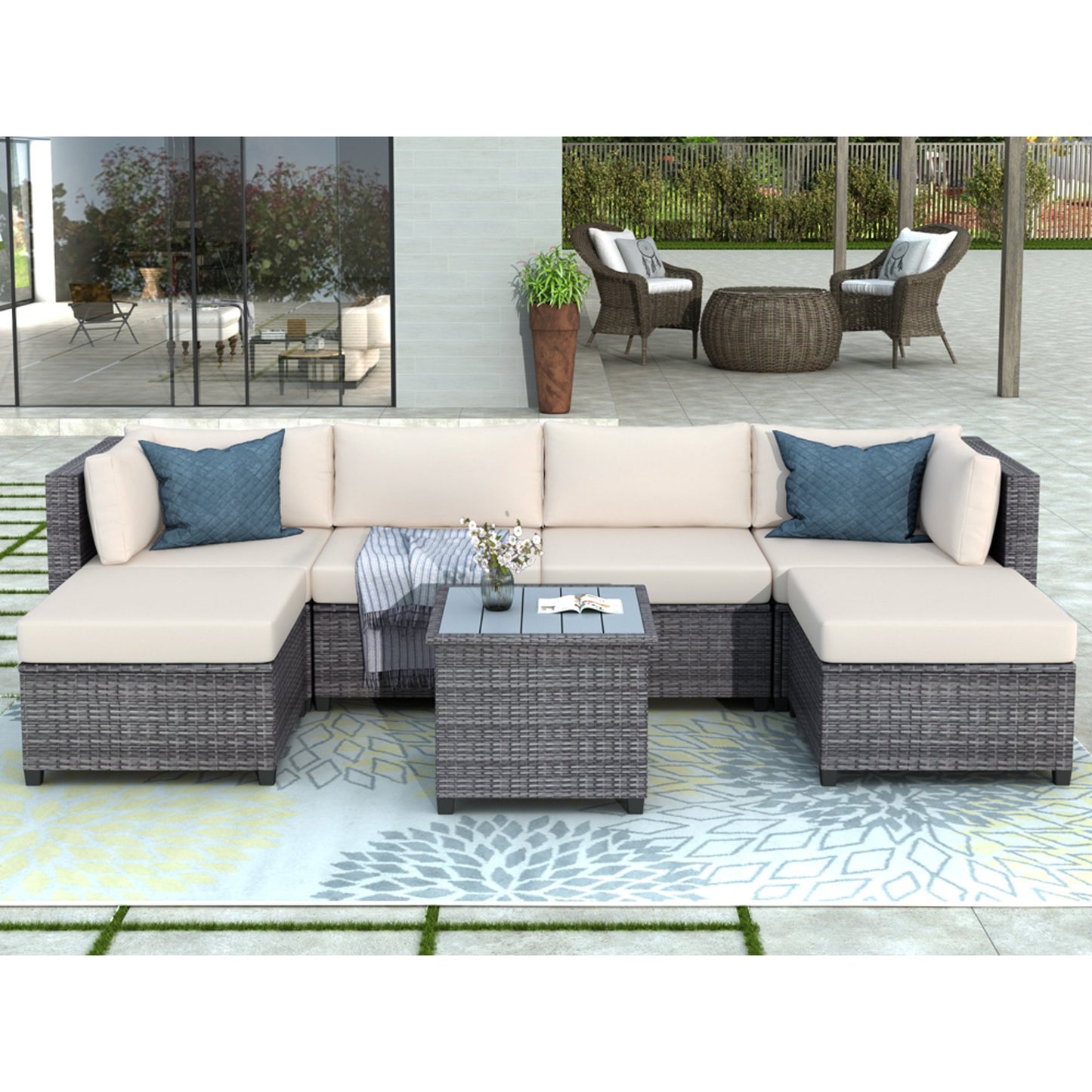 Patio Conversation Set, 7 Piece PE Wicker Furniture Chair Set with Table, Ottoman & Cushions, All-Weather Outdoor Cushioned Sectional Sofa Chairs, Rattan Sofa Set for Patio Deck Backyard, B724