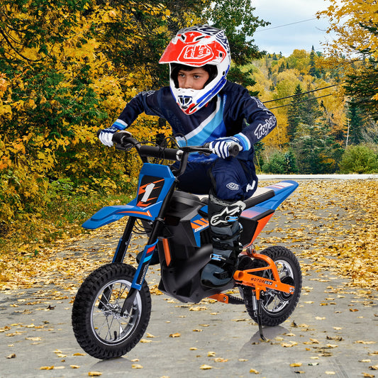 CASEMIOL 24V Ride On Powered Dirt Bike,14 mph,Electric Motorcycle with Continuously Variable Speed System,Dual Suspension electric bike,leather seat,for Teens 13-15,Blue