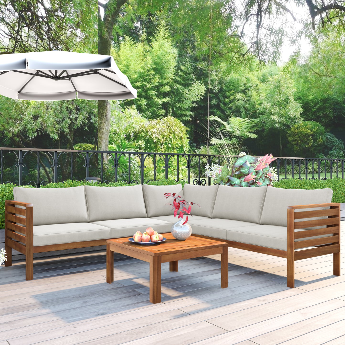 4 Piece Wood Patio Furniture Set, Outdoor Seating Chat Set with Beige Cushions, Sectional Conversation Sofa Chairs Set with Coffee Table, for Balcony, Backyard, Poolside, Deck, Garden, D7487