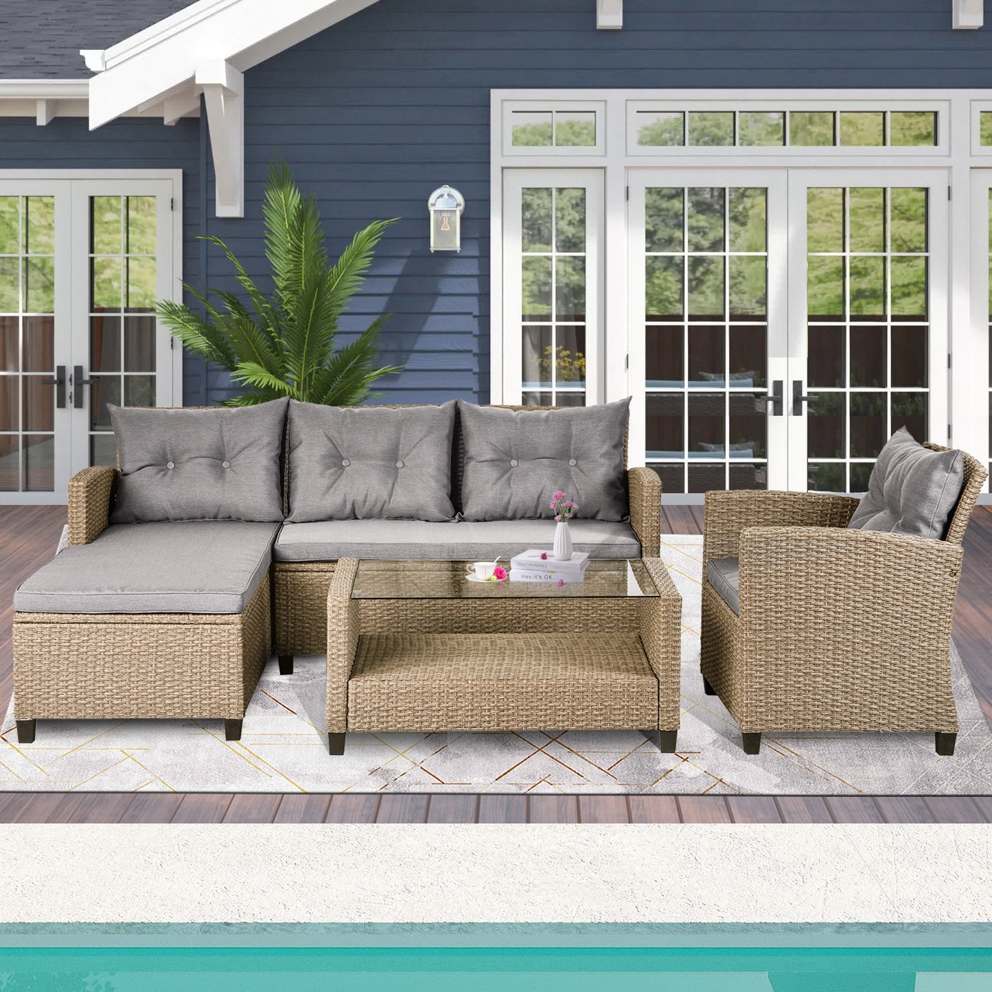 SYNGAR 4 Pieces Patio Furniture Sectional Set, Outdoor All-Weather Manual Weaving Wicker Conversation Set with Cushion & Table, Rattan Sectional Sofa Set, Yard Porch Deck Use Furniture Set, B630