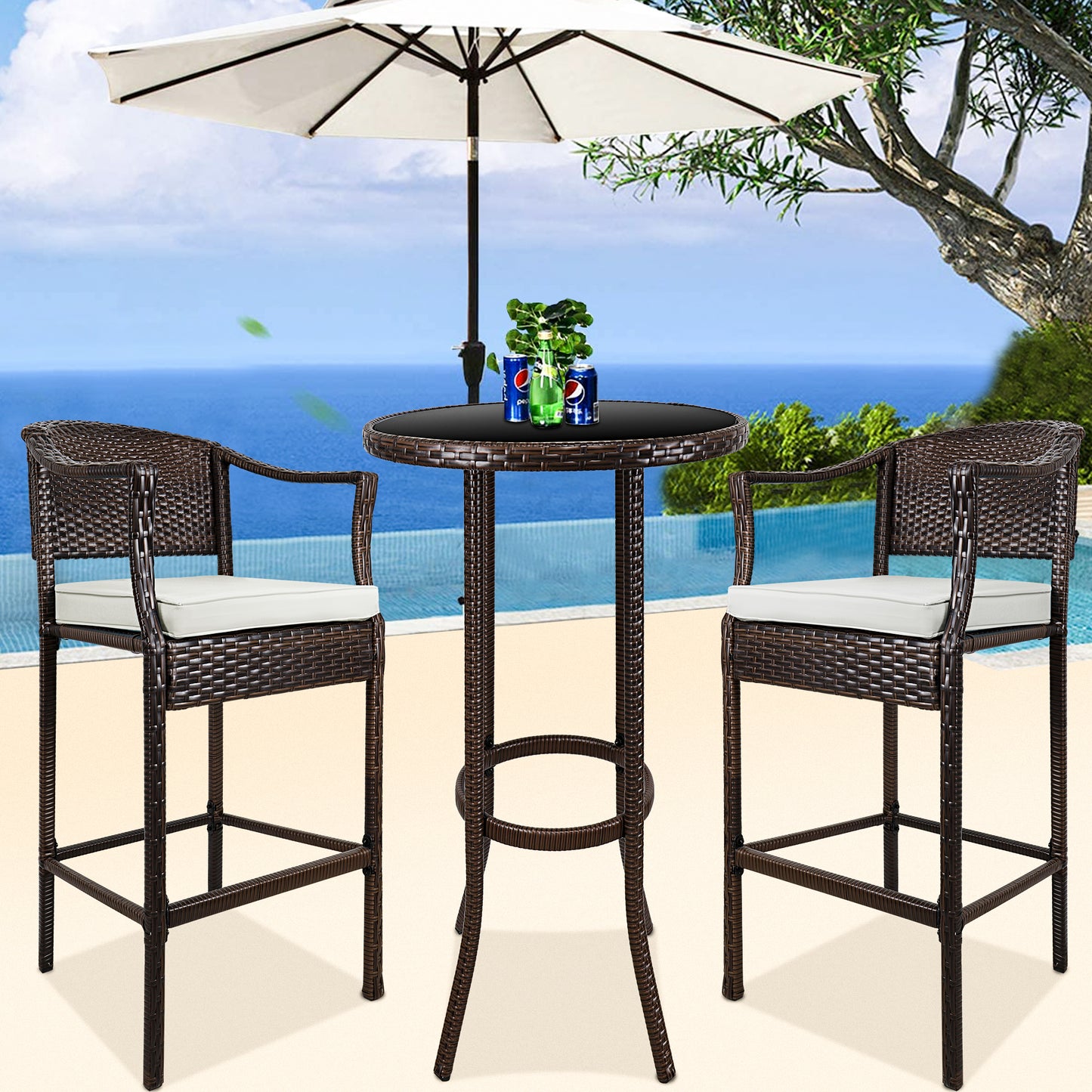 Clearance! 3 Piece Pub Table Set, High Top Bar Table W/ 2 Chairs Padded Seat, PE Rattan Height Bar Stools Set of 3, All-Weather Dining Table Set for Kitchen Home Pub Cafe Outdoor Patio Poolside, B101