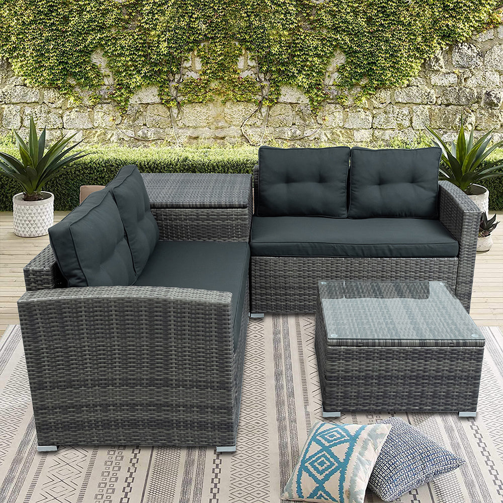 SYNGAR 4 Piece Wicker Patio Furniture Sets, Outdoor Sofa Set with Loveseat Sofa, Table and Storage Box, All Weather Rattan Sofa and Cushioned Seats for Garden, Lawn, Backyard, Front Porch, Gray