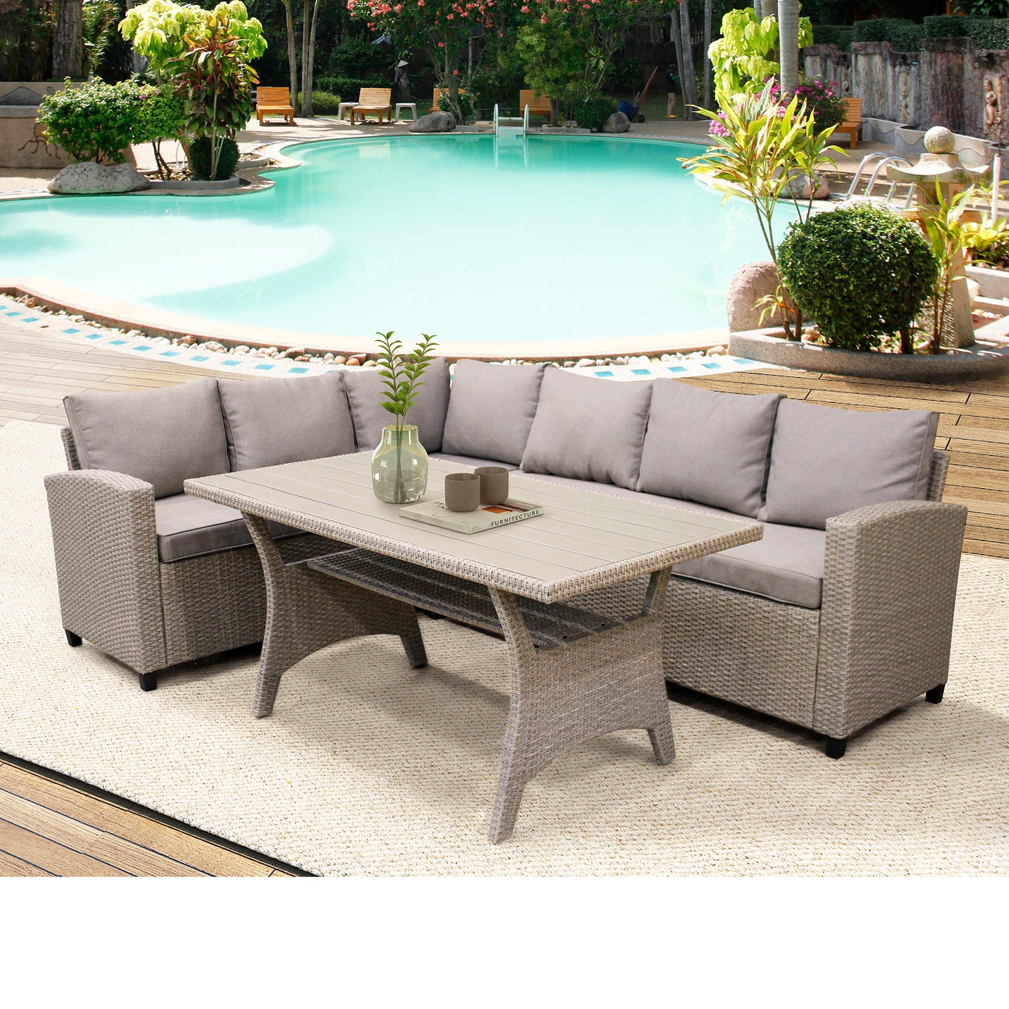 3 Piece Patio Conversation Sets, All-Weather Wicker Outdoor Furniture Sectional Sofa Couch Dining Set with Table, Seat Cushions, Pillows for Garden, Lawn, Backyard, Front Porch, Brown
