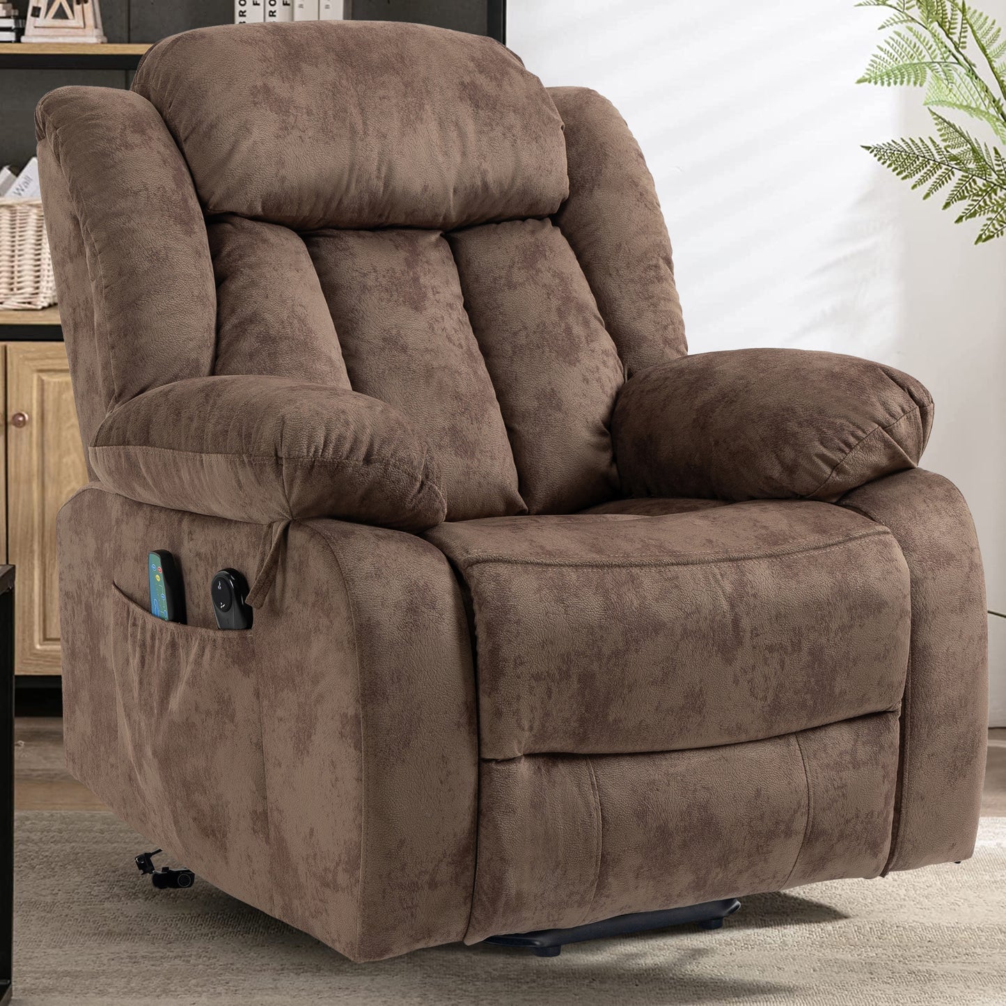 Massage Recliner Chair with Heat Function Electric Lift Chair Recliner Fabric Single Sofa Heavy Duty Living Room Bedroom Furniture Reclining Chair, Large Side Pocket, Brown