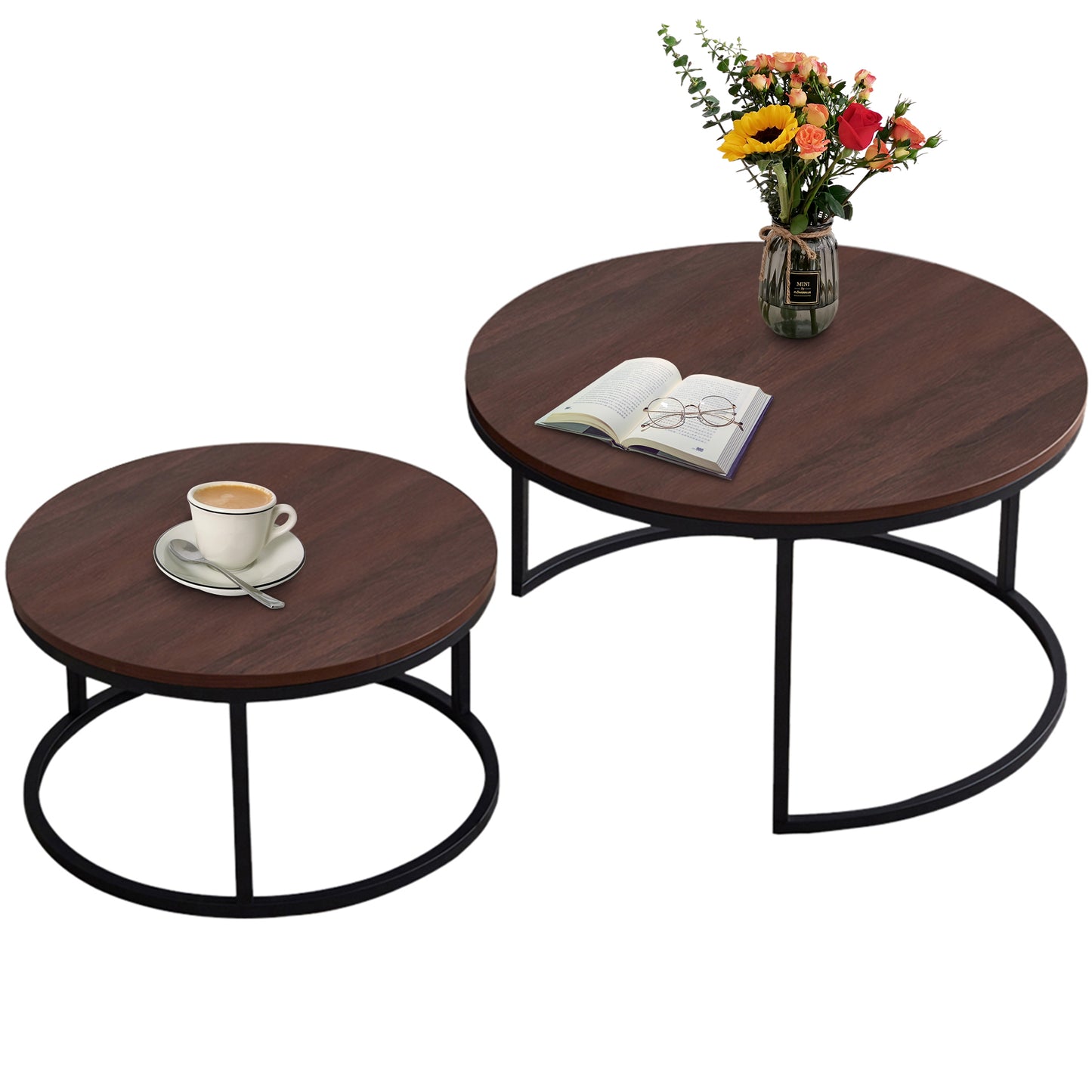 SYNGAR Round Modern Nesting Coffee Set of 2, Stacking Living Room Accent Tables with Industrial Wood Finish and Powder Coated Metal Frame, Walnut and Black