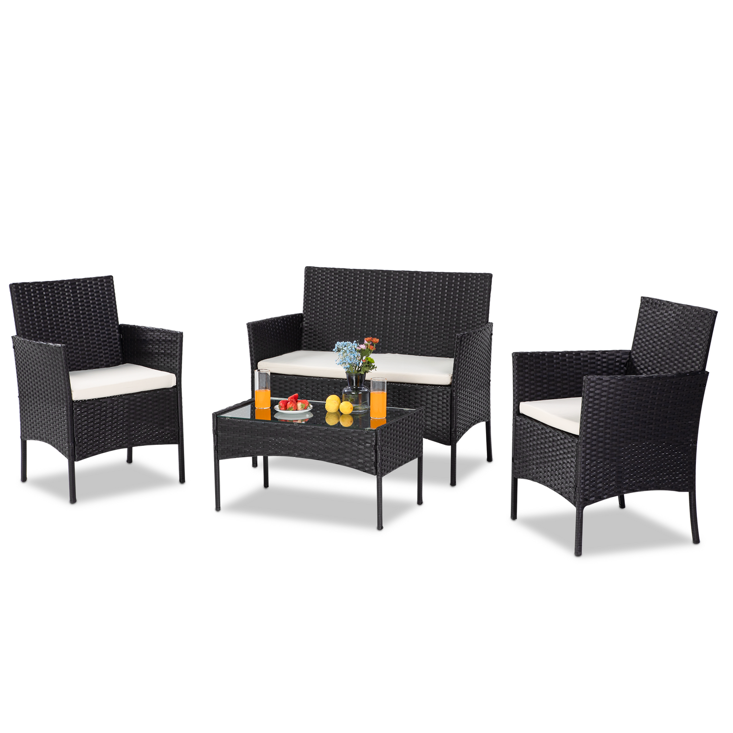 4-Piece All-Weather Wicker Patio Conversation Sets, Outdoor Furniture Sofa Couch Dining Set with Table, Chairs, Loveseat, Cushioned Seats for Garden, Lawn, Backyard, Front Porch, Brown