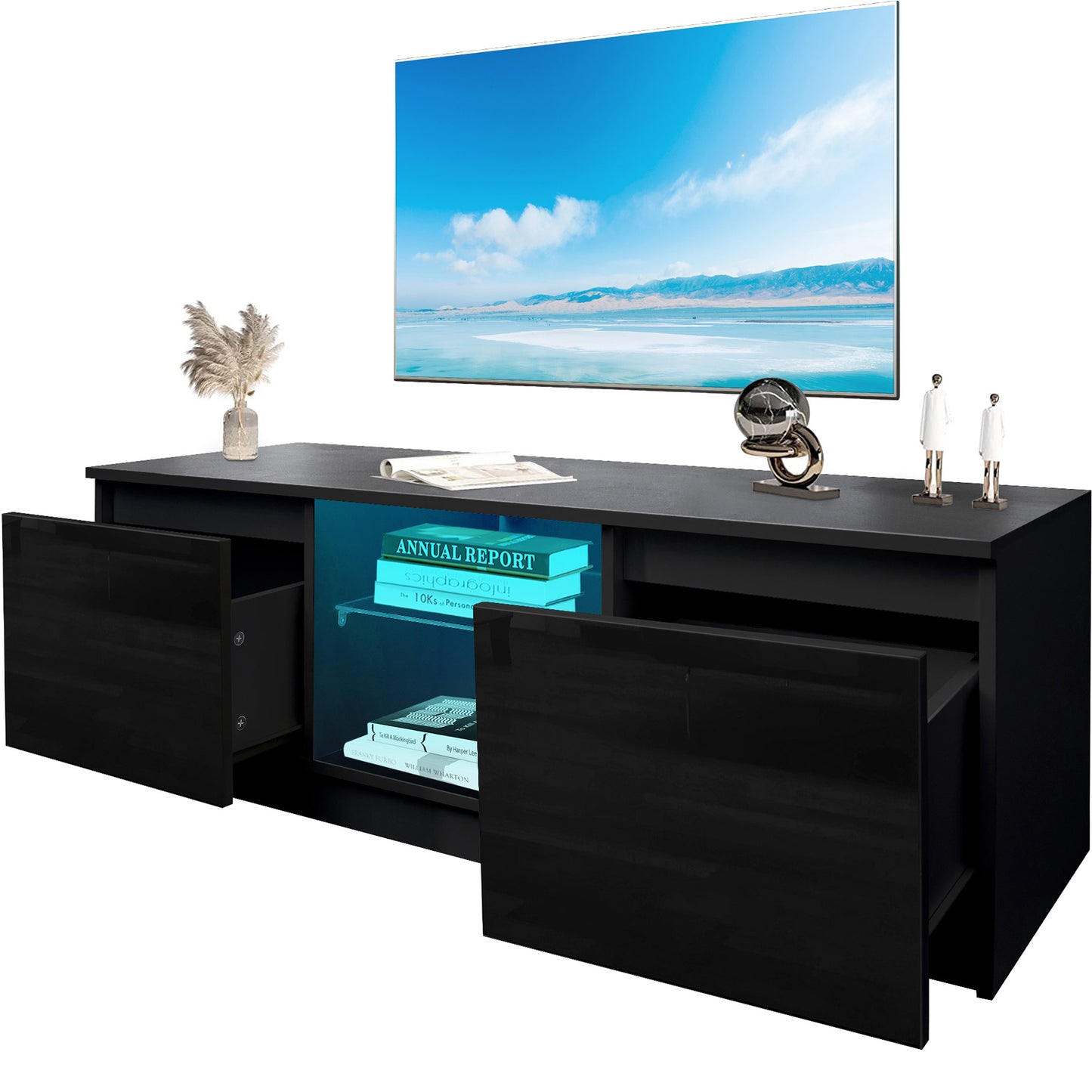 SYNGAR Black TV Stand for 55 inch TV, Modern High Glossy TV Console Table Stand with 16 Colors LED Lights, Living Room TV Table Stand Buffet Cabinet with Storage, 47"L×16" W×16" H