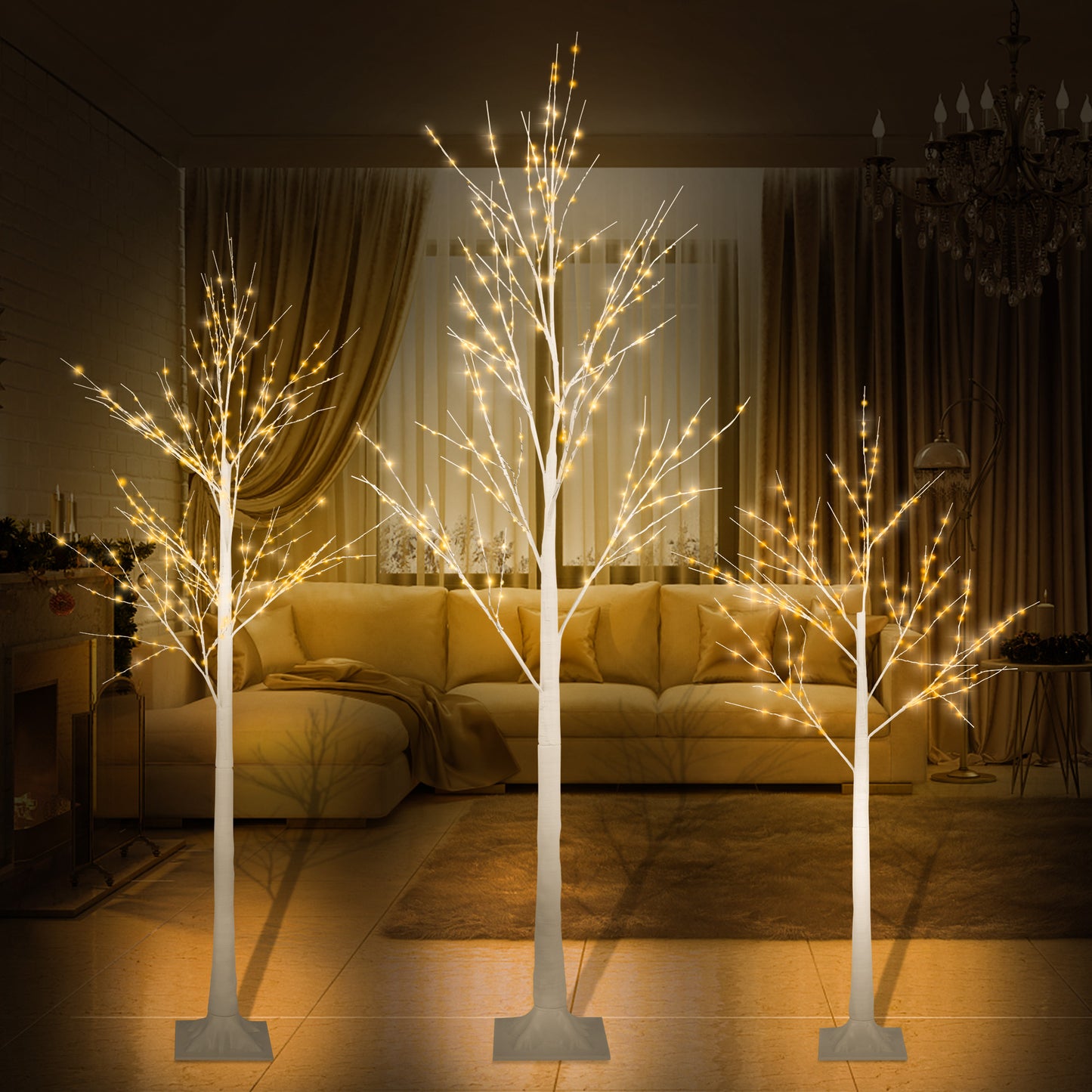 Set of 3 White Birch Trees, 4ft, 4ft and 6ft Christmas Tree with LED Lights, Fits for Christmas Decoration, Home Christmas Lights for Indoor Outdoor Wedding Party Garden, Warm White, C15