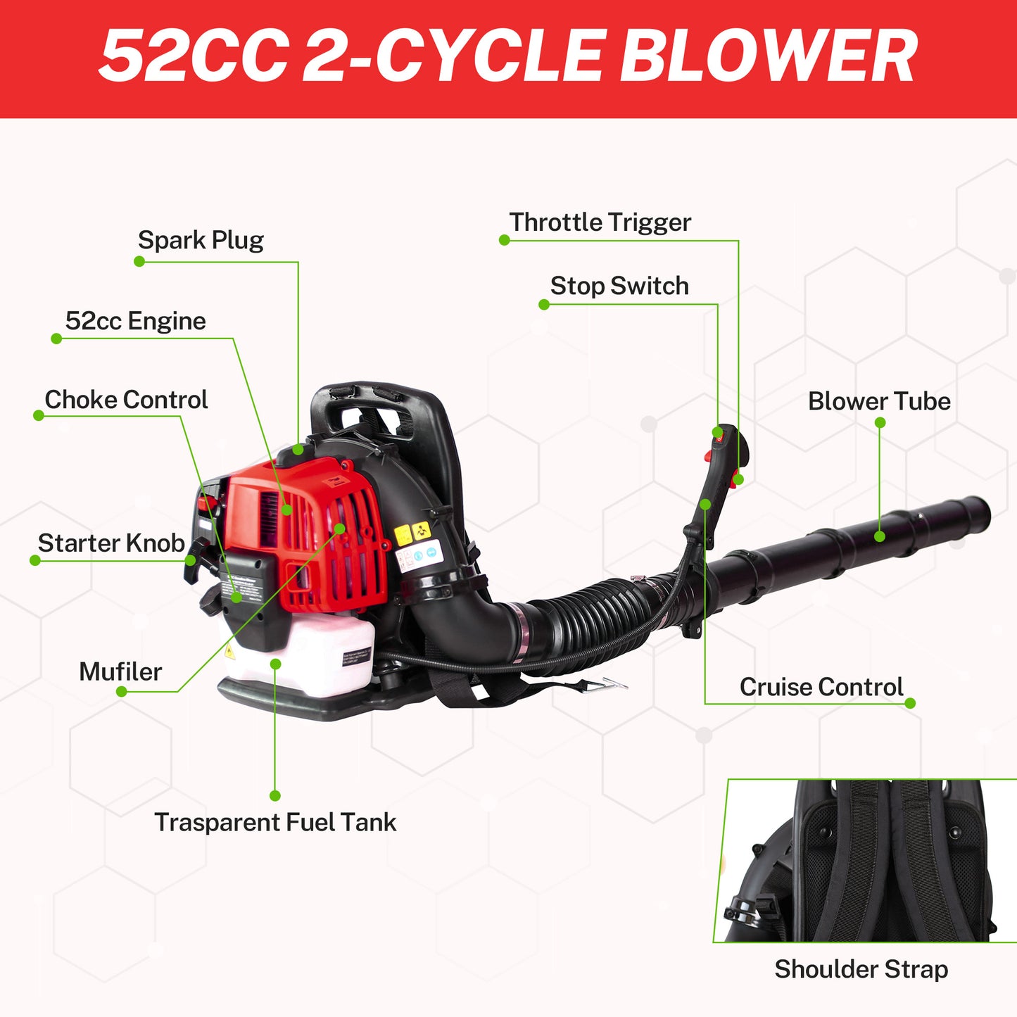 SYNGAR Gas Backpack Leaf Blower, 52CC 2-Cycle Leaf/Snow Blower with Extension Tube, for Dust Cleaning, Snow Blowing, Backyard, Garden, Work Around the House, Not for Sale in California, D7323
