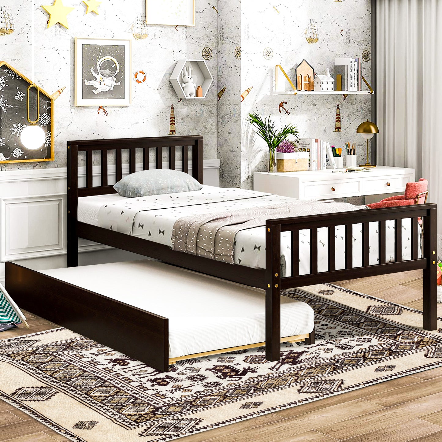 SYNGAR Espresso Twin Bed Frame with Trundle, Kids Platform Twin Size Bed with Pull Out Trundle, Solid Wood Trundle Bed with Headboard and Footboard, No Box Spring Needed, Space Saving, Easy Assembly