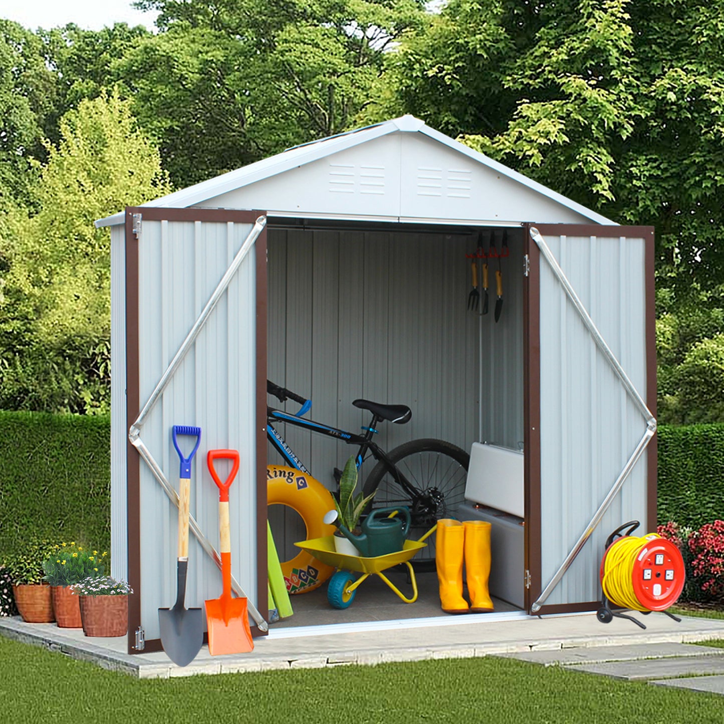 6' x 4' Outdoor Metal Storage Shed, Tools Storage Shed, Galvanized Steel Garden Shed with Lockable Doors, Outdoor Storage Shed for Backyard, Patio, Lawn, Y038