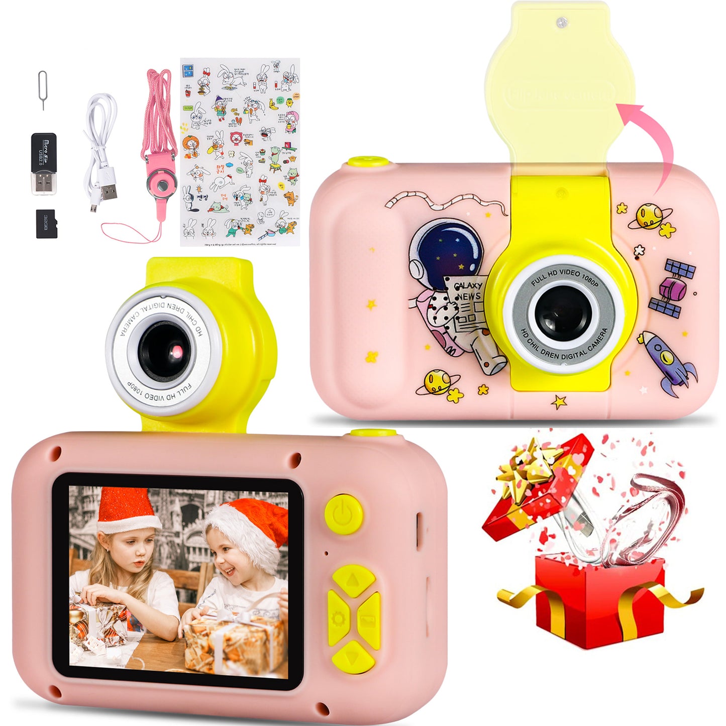 Reversible Kids Camera, 1080P Upgrade Selfie Camera with 32 GB Card, Kids Digital Camera for Girls Boys 3-8 Year Old, Perfect Christmas Birthday Festival Toys Gifts for Toddlers, Pink Astronaut