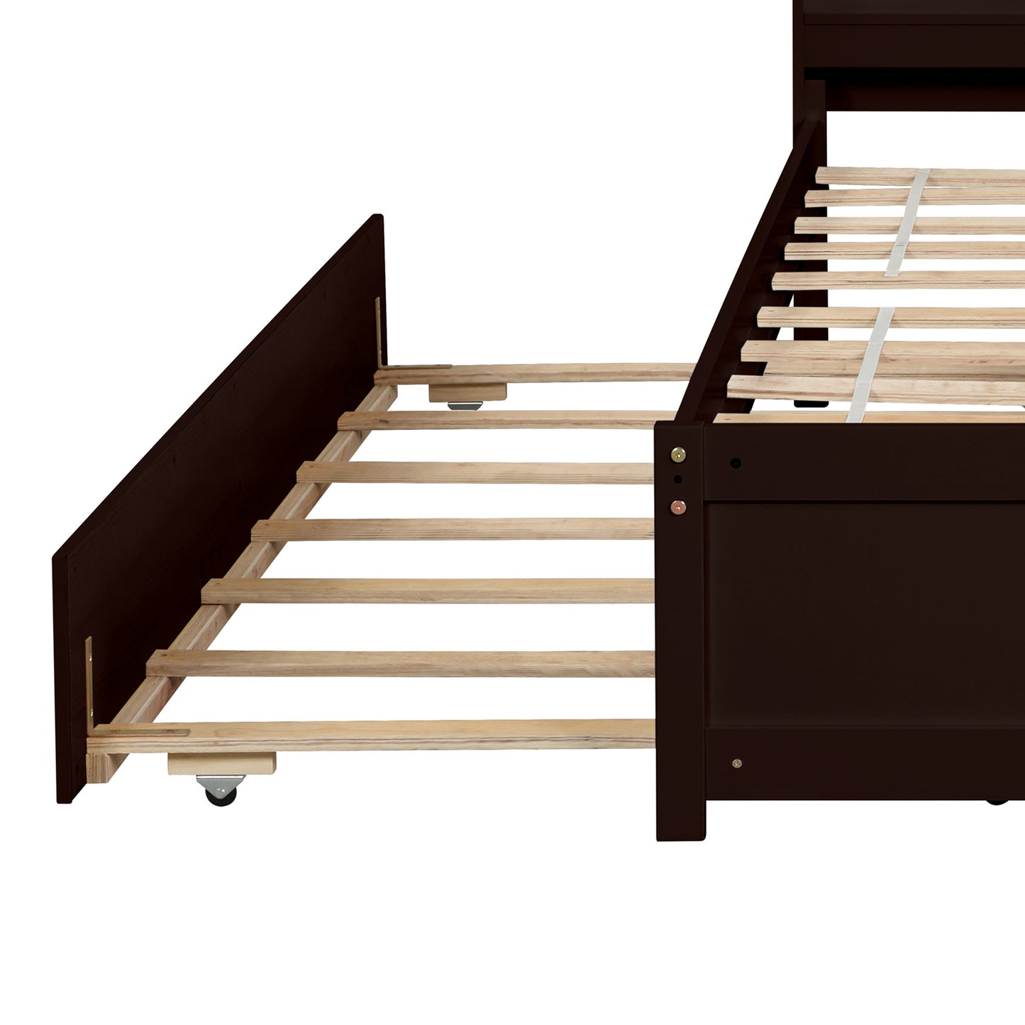 Twin Bed Frame with Trundle Included, Solid Pine Wood Platform Bed Frame with Storage Headboard for Kids Teens Adults, Espresso