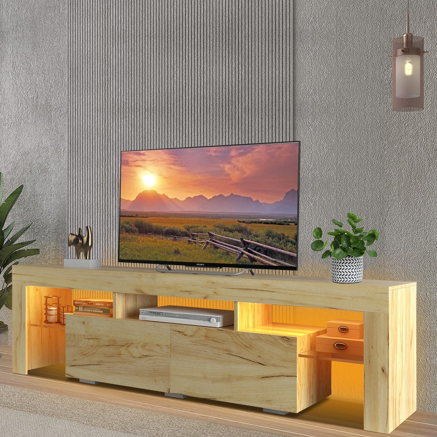 White TV Stand for 70 inch TV, Farmhouse Rustic Wooden Television Stands TV Cabinet Console Table with 16 Colors LED Lights, Living Room TV Table Stand Buffet Cabinet with Storage, 63"L×14" W×18"H