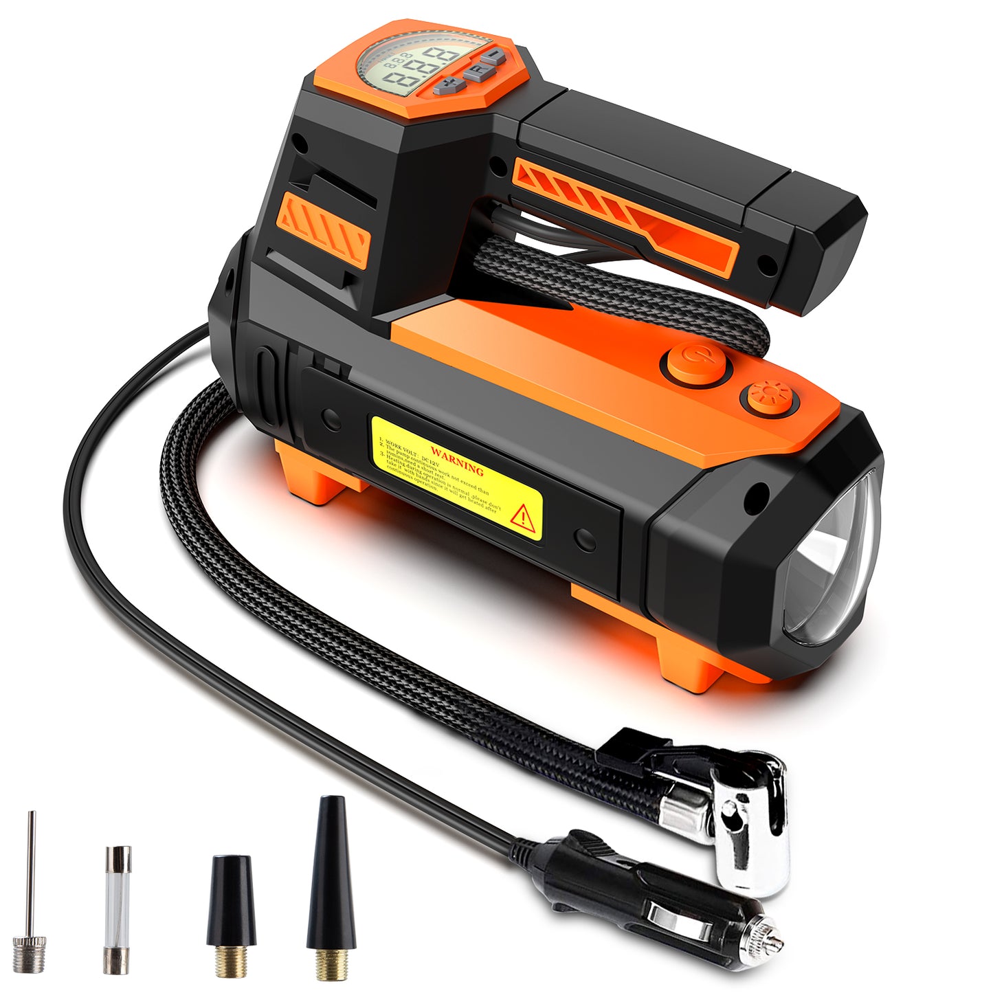 Portable Tire Inflator 12V, Portable DC Air Compressor for Car Tires, Mini Car Air Compressors Tool with LED Light, Digital Air Pump for Car Tires, Bicycles and Other Inflatables, Orange