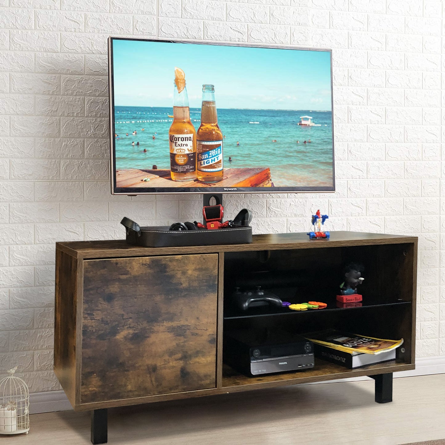 SYNGAR Rustic Brown Farmhouse TV Stand with Mount for 32-65 inch TVs, 2 in 1 TV Mount Stand Table Storage Cabinet Entertainment Center, Swivel Floor TV Stand Mount for Living Room Bedroom Office