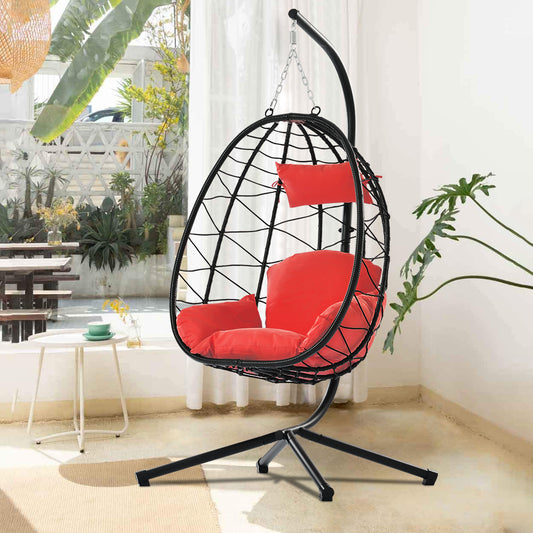 SYNGAR Egg Chair with Stand, Wicker Swing Chair, Patio Hammock Chair with Soft Cushion, Indoor Outdoor Balcony Bedroom Basket Hanging Lounge Chair, Heavy Duty Frame for 300 lbs Capacity, Red, Y024