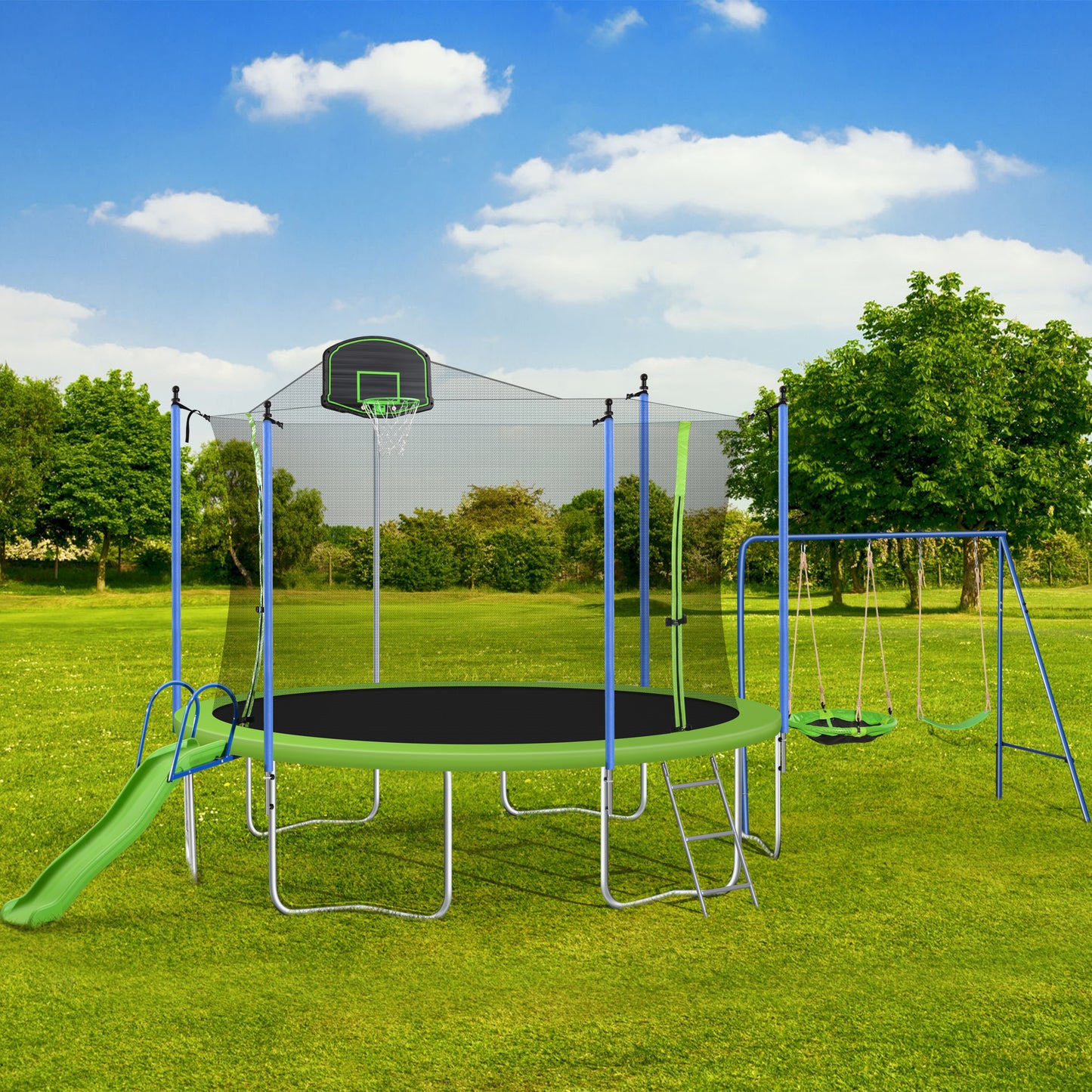 Trampoline and Swing Set, 12FT Trampoline with Slide, Basketball Hoop and Enclosure Net, Outdoor Jumping Fitness Trampoline for Yard, Patio, School, Recreational Trampoline for Kids/Adults, D7691