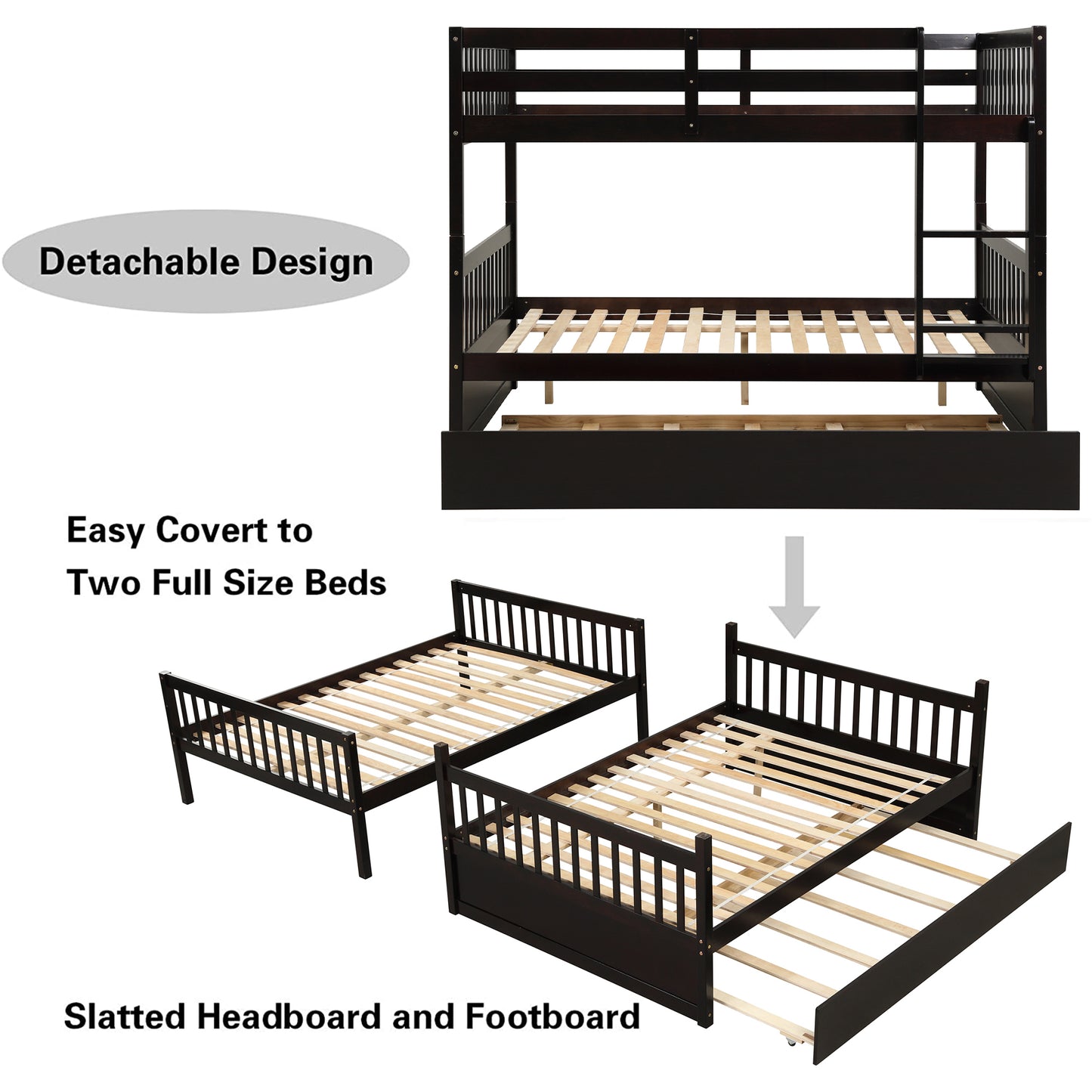 SYNGAR Espresso Bunk Bed with Trundle, Full Over Full Bunk Beds with Ladder, Solid Wood Trundle Bed with Safety High Guardrails, Convertible Bunk Bed for Kids, Boys, Girls, Teens, Adults