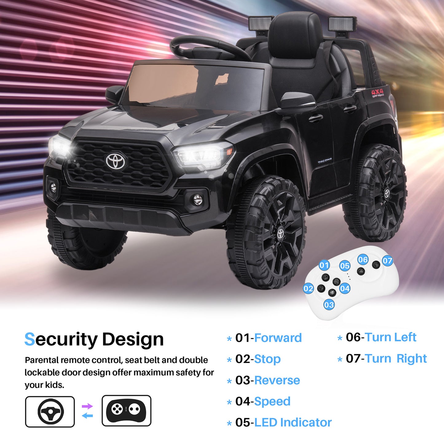 SYNGAR Licensed Toyota Tacoma 12 V Electric Ride on Car for Kids, Black Battery Powered Truck Toy with Remote Control, LED Light and MP3 Player