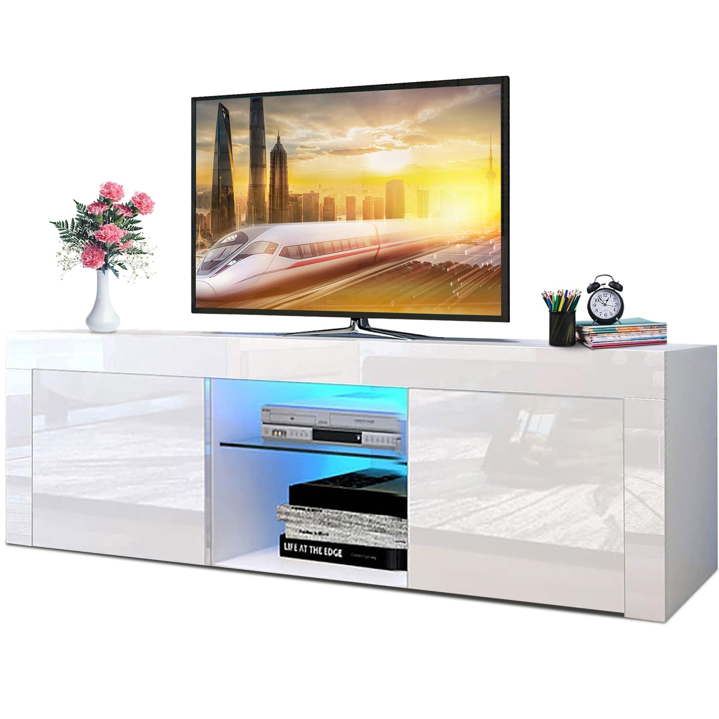 Modern LED TV Stand for 65 Inch TVs with Color Change Lighting, White TV Stand Universal Entertainment Center for Video Gaming, Movies, and Home Decor, Clear Glass Shelving, 59"L×14" W×18"H