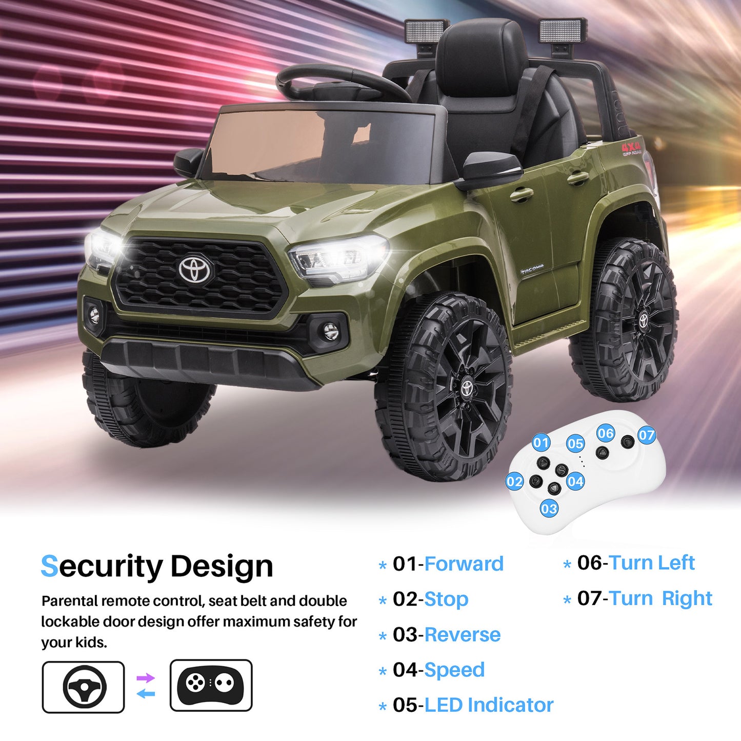 SYNGAR Green 12 V Powered Ride On Car Toyota Tacoma Licenced with Remote Control and MP3 Player for Girls Boys 2 3 4 Years