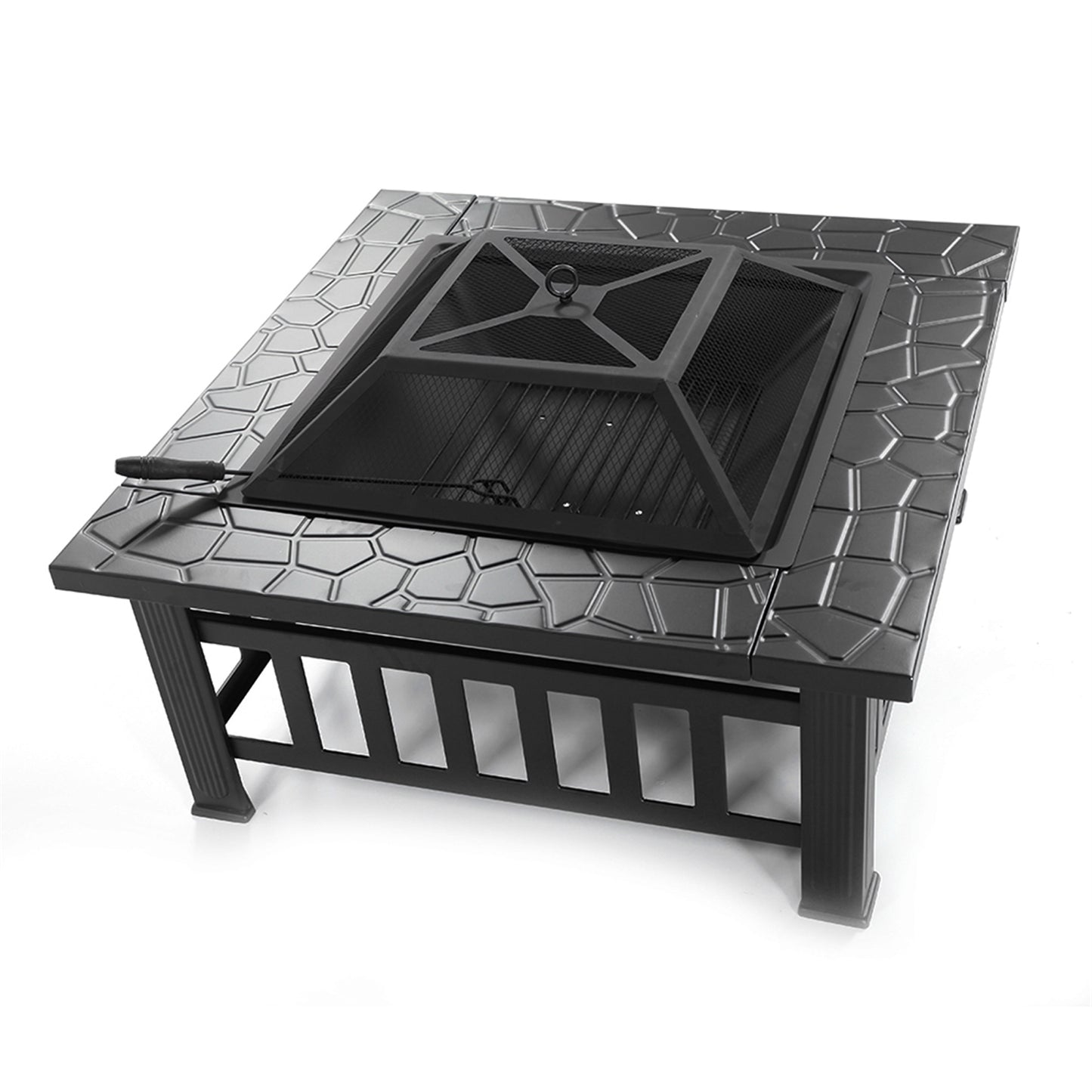 32 Inch Square Metal Fire Pit, Outdoor Wood Burning Bonfire Stove with Mesh Lid, Grate, BBQ Grill and Poker, Portable Charcoal Grill Fire Stove for Camping, Picnic, Party, Backyard, C12