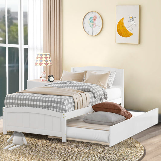 SYNGAR Twin Bed Frame with Trundle Included, Solid Pine Wood Platform Bed Frame for Kids Teens Adults, White, LJ723