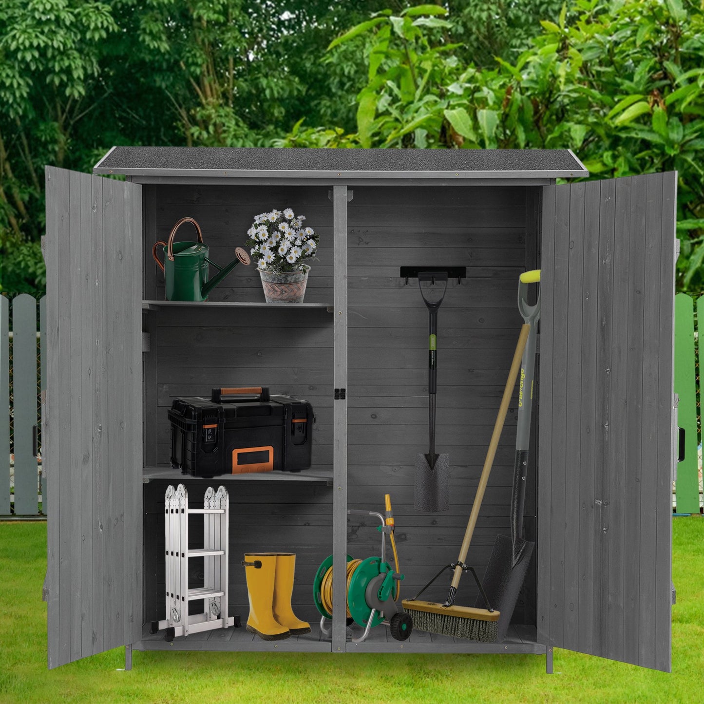 CASEMIOL Patio Storage Shed with Detachable Shelves and Hooks, Outdoor Wood Shed with Waterproof Pitch Roof, Backyard Shed with Lockable Door, Bike Shed, Garden Shed, Tool Shed, Metal Shed, Gray