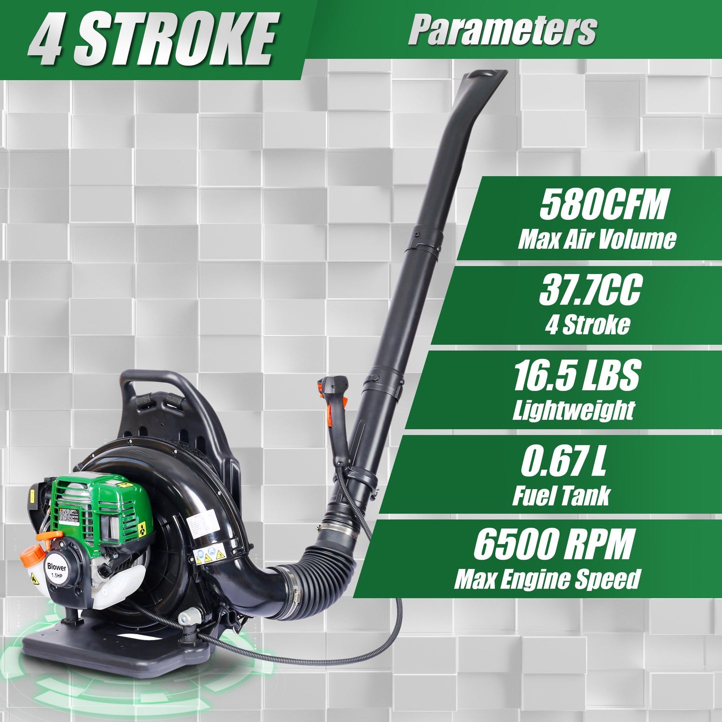 2023 Upgrade 580CFM Cordless Leaf Blower Gas PoweGreen Backpack with Extention Tube for Snow Blowing and Cleaning, 37.7cc 4 Stroke