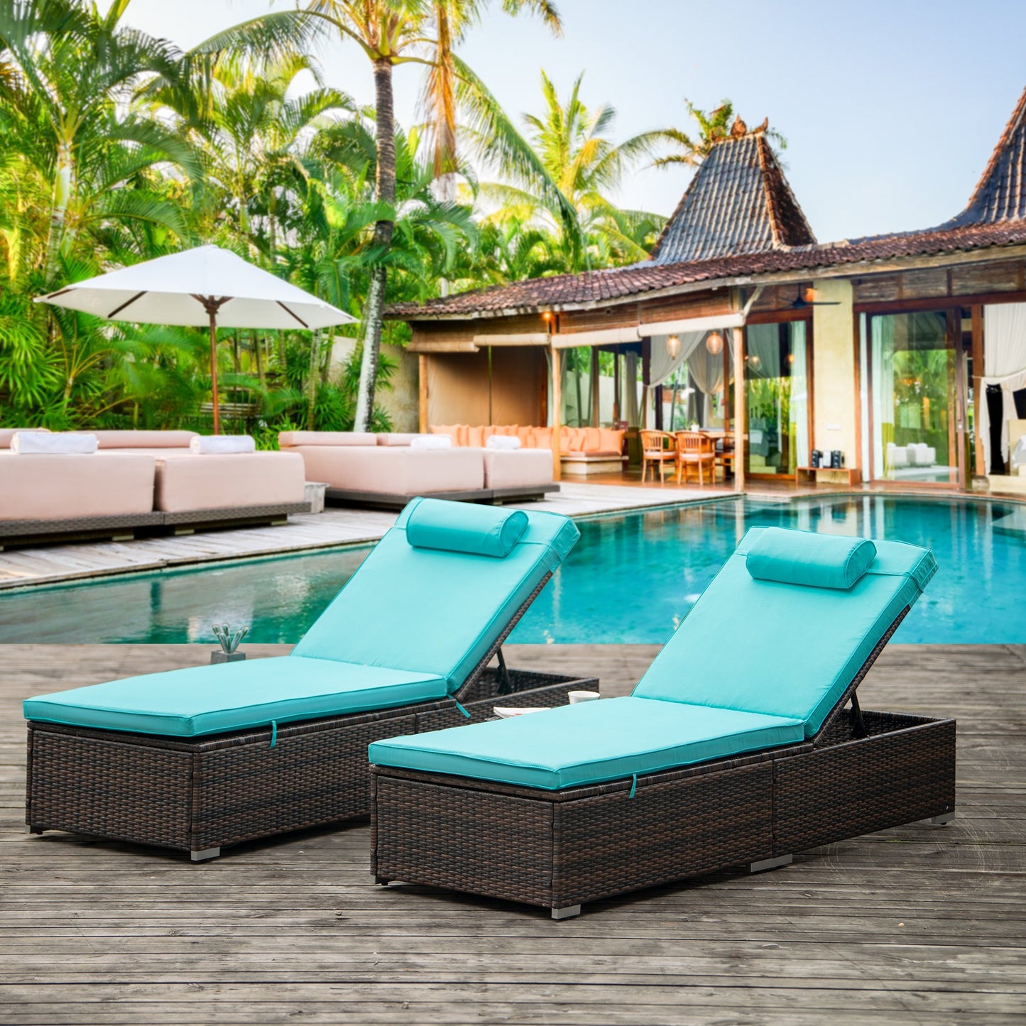 3 Pieces Outdoor Patio PE Wicker Chaise Lounge Set, Adjustable Reclining Lounge Chairs with Matching Table, Outdoor Sun Lounger with Removable Cushions for Patio Poolside Backyard Porch Garden, B23