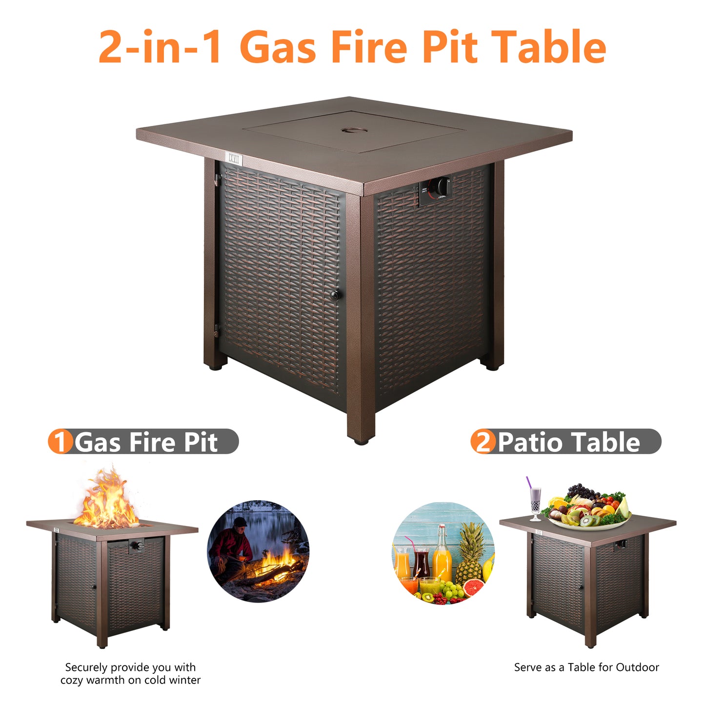 28 inch Outdoor Gas Fire Pit Table, 40,000 BTU Auto-Ignition Propane Fire Pit with Lid and Lava Rock, Outdoor 2-in-1 Propane Fire Pit Table, Table with Fire Pit, for Garden, Backyard, Patio, C09