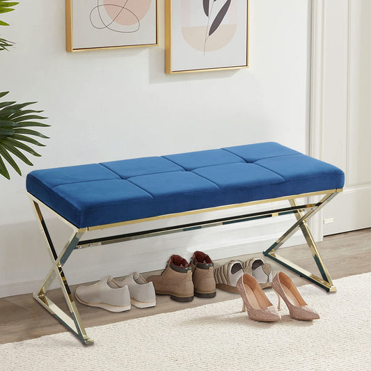 SYNGAR Upholstered Bedroom Bench, Modern Velvet Footstool Bench Seat for Living Room, Hallway, Entryway, Ottoman Bench with Gold Metal Legs, Blue