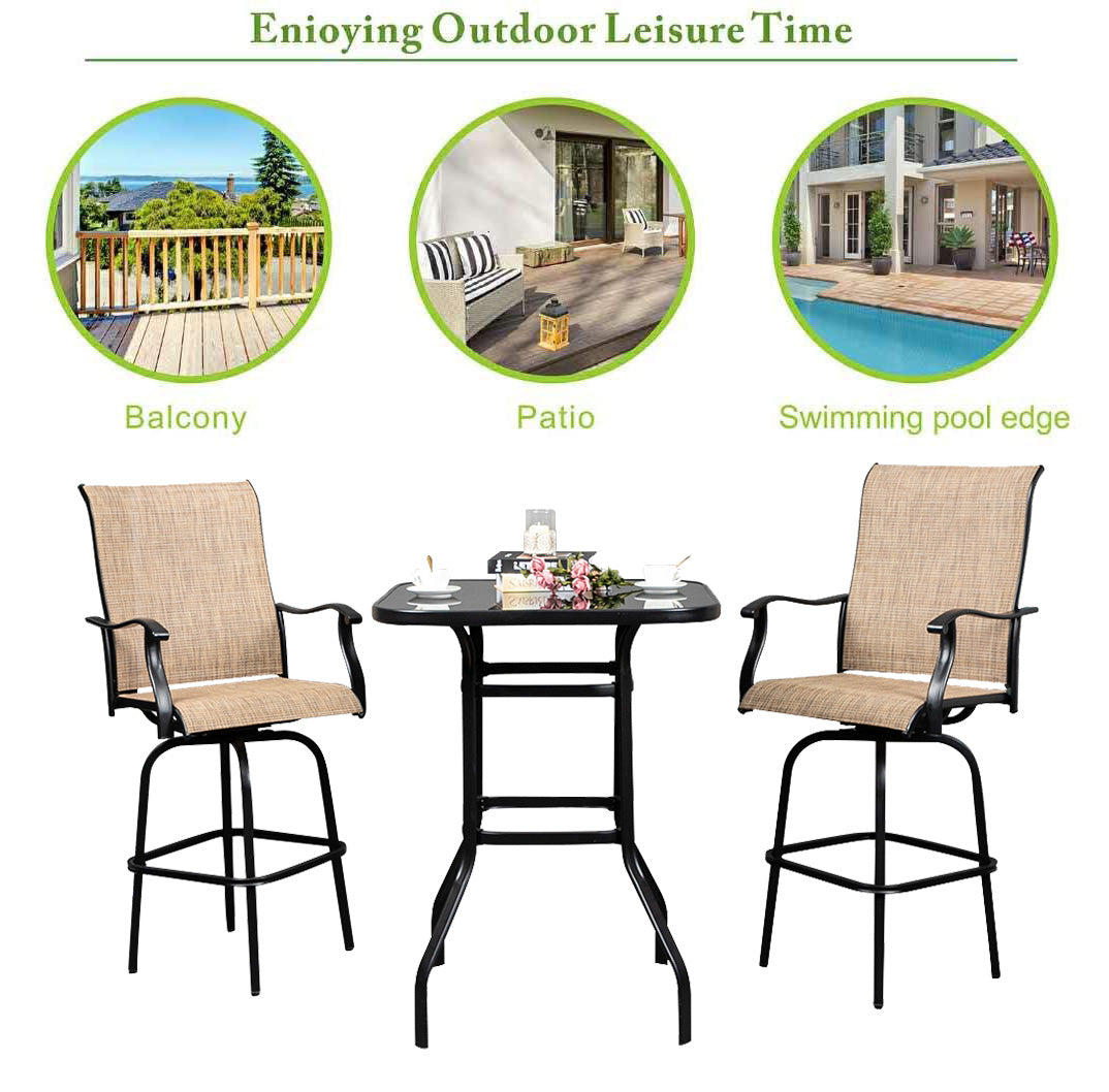 Patio Swivel Bistro Set, 3 Piece Outdoor Bar Table and Stools Set, 2 Patio Swivel Bar Chairs with 1 High Glass Top Table, All Weather Metal Frame Furniture Set for Garden Yard Balcony Pool Cafe, K06