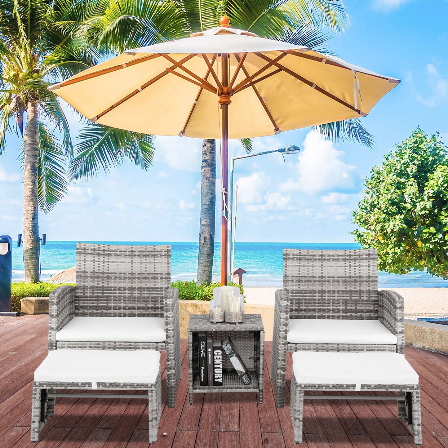 5 PCS Outdoor Rattan Furniture Set, Patio Lounge Chairs with Ottoman Footrest, All Weather Cushioned Outside Sectional Furniture Set for Backyard, Deck, Balcony, Y016