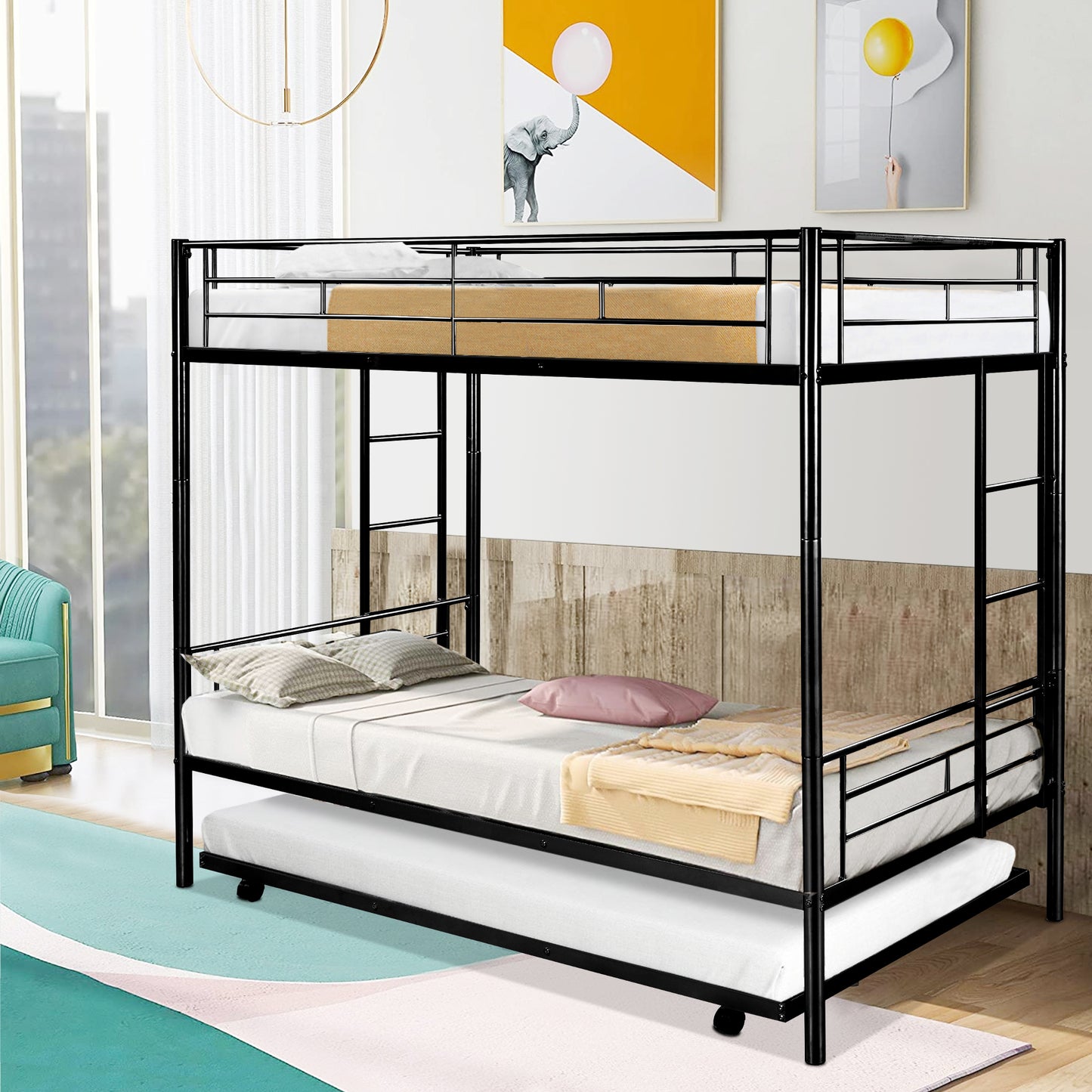 Heavy Duty Bunk Bed Frame, Kids Twin Over Twin Metal Bunk Bed with Flat Ladder & Safety Guardrail, Convertible Trundle Bunk Bed Frame, for Dorm, Bedroom, Guest Room, No Box Spring Needed, C04
