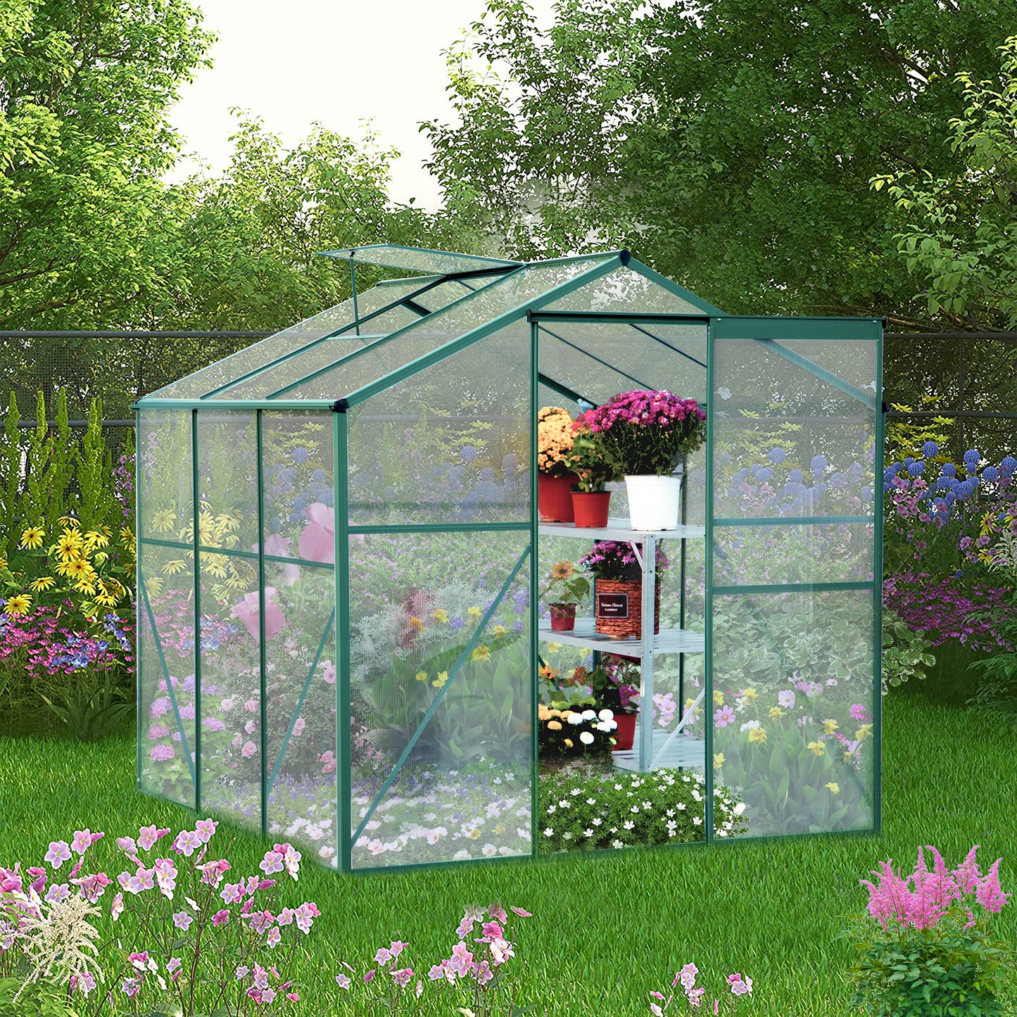 8' x 6' Walk-in Greenhouse for Outdoor, Garden Greenhouse with Metal Frame, Sliding Door, Adjustable Roof Vent and Rain Gutter, Backyard Greenhouse for Plants in Winter, Y004