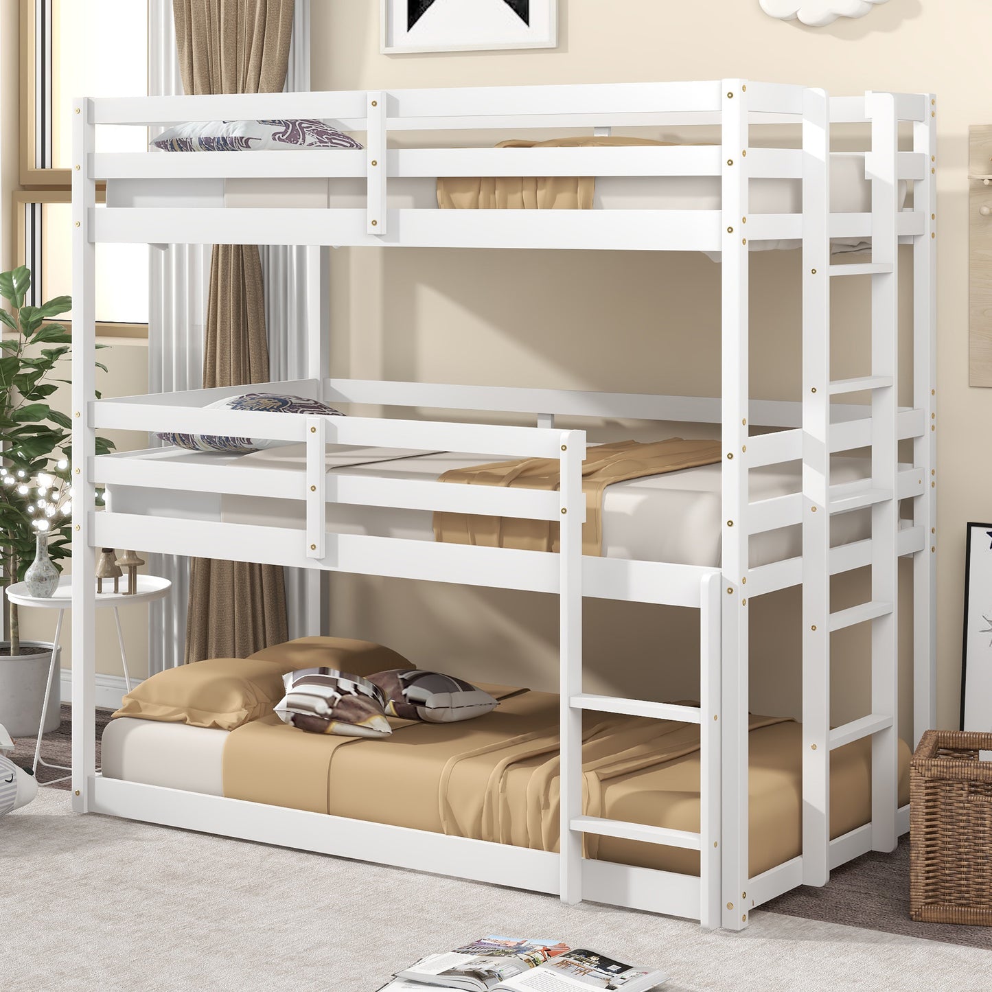 SYNGAR White Wood Triple Bunk Bed Frame for Kids, 3 Twin Bed Triple Floor Bunk Bed with Ladders, Adjustable Detachable Design 3 Bed Frame, No Box Spring Needed, Twin Over Twin Over Twin