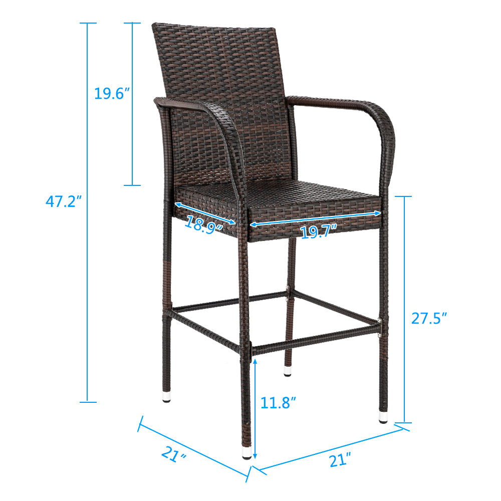 2 Pack Patio Bar Chairs, Outdoor PE Rattan Bar Stools Patio Furniture with Metal Frame, Bar Height Furniture Chair Set for Bar, Kitchen Counter, Garden, Backyard