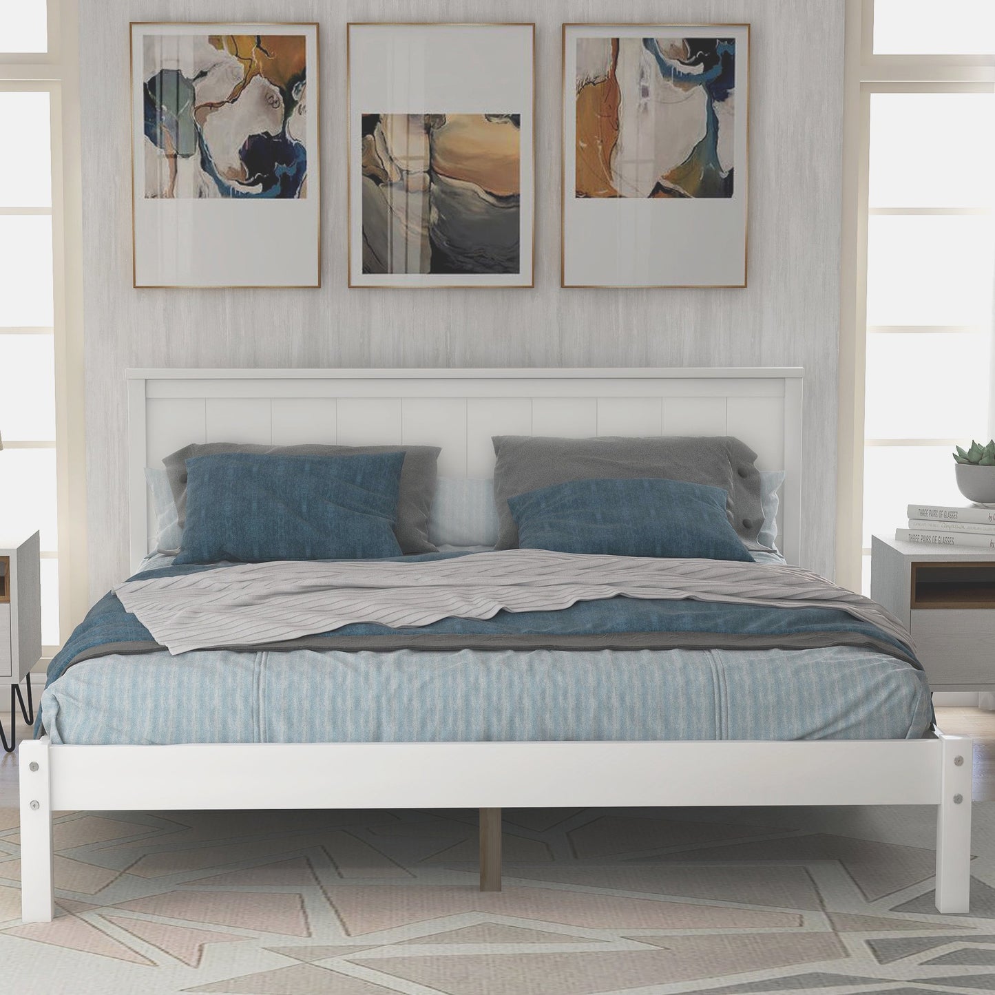 Full Size Bed frame, Wooden Bed Frame with Headboard, Full Bed Frame for Kids Adults, Full Size Bed Frame for Bedroom, White, LJ2453