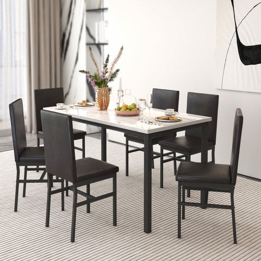 7 Piece Dining Table Set, Kitchen Dining Table and Chairs Set for 6, Modern Marble Table and 4 PU Leather Upholstered Chairs, Home Dining Set for Small Space, Breakfast Nook, D9209