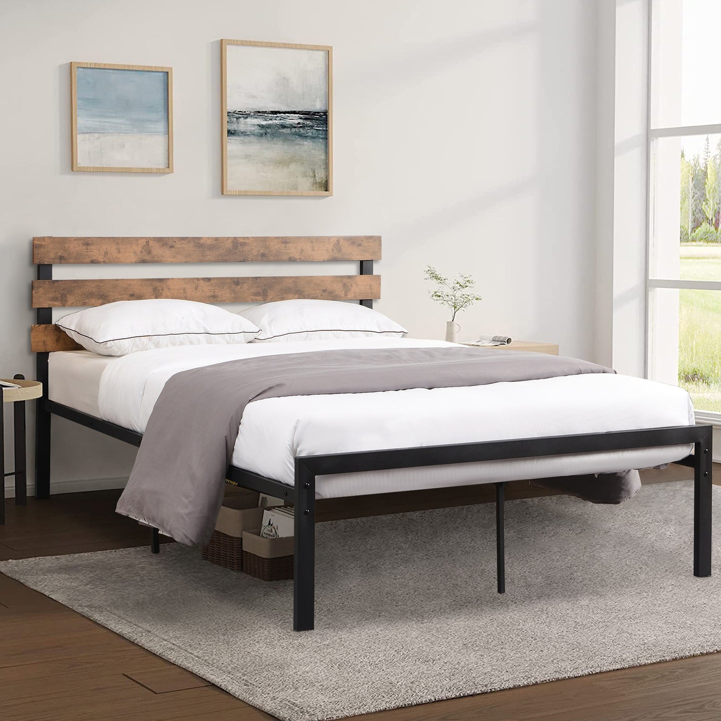 SYNGAR Metal Full Size Platform Bed Frame with Industrial Headboard, Bedroom Furnitrue with Strong Slat Support, Black